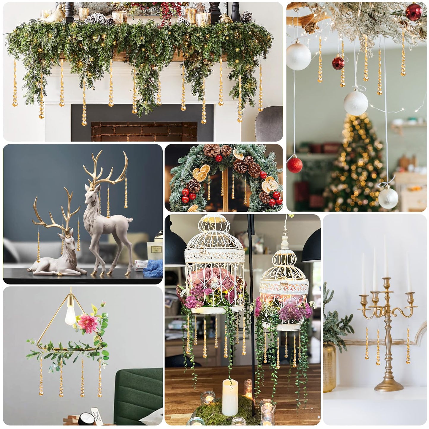 LUMITI 12pcs Crystal Icicle Christmas Tree Ornaments, Glass Beads Hanging Chandelier Pendants for Christmas Party Wedding Winter Decorations (Gold)