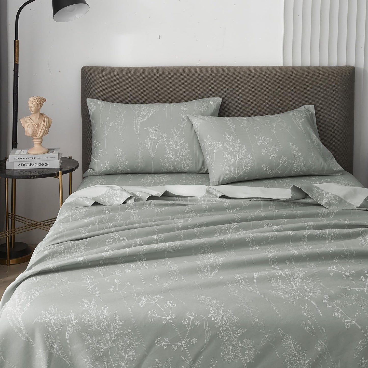 HYPREST Grey King Size Sheets, 18 Inch Deep Pocket King Sheets Botanical Pattern Sheet Luxury Rustic Soft Hotle Quality-1800 Threat Count