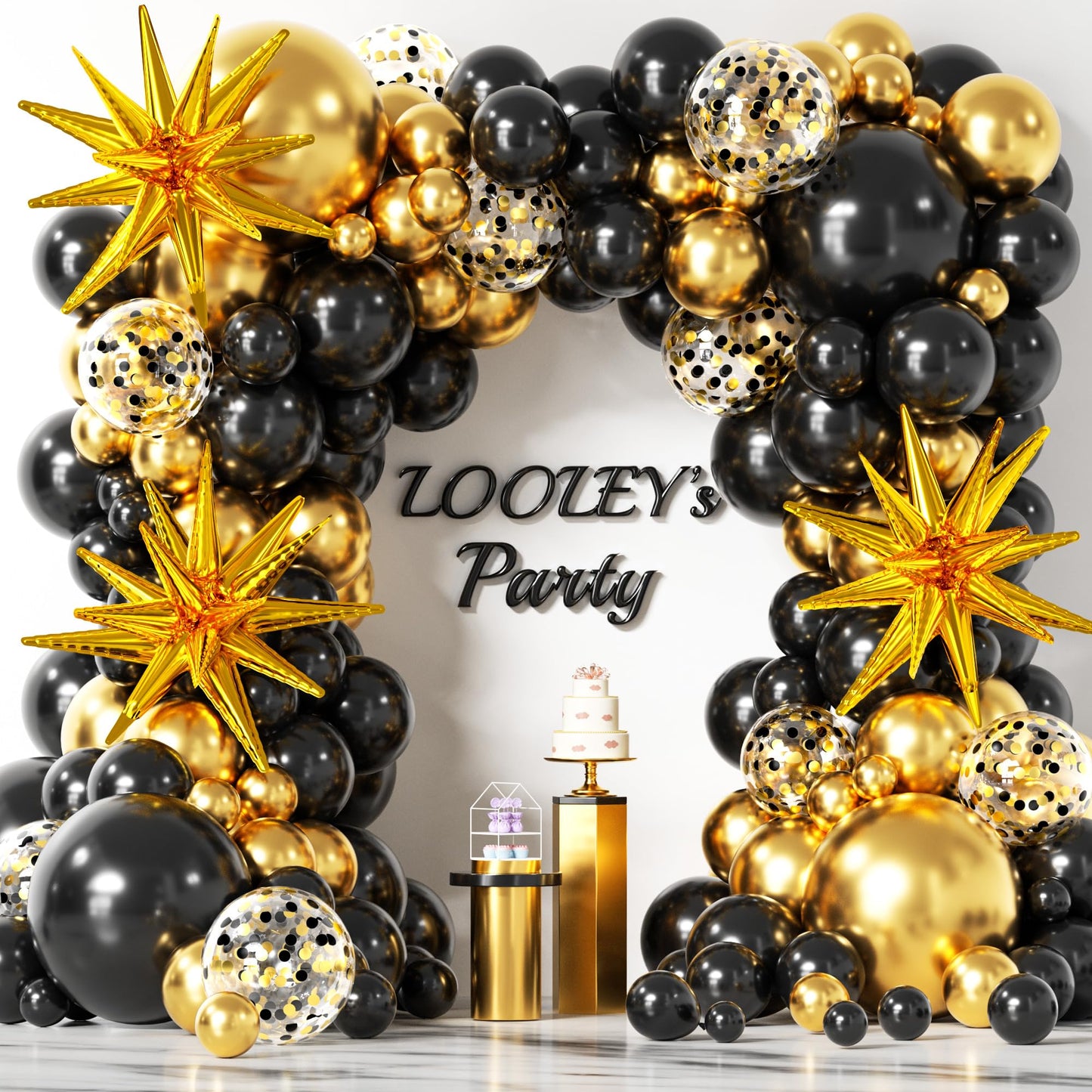 137Pcs Black and Gold Balloons Garland Arch Kit with Stars - 5 10 12 18 inch Black Gold Confetti Latex Party Balloons for 2025 Graduation Retirement Decorations Birthday