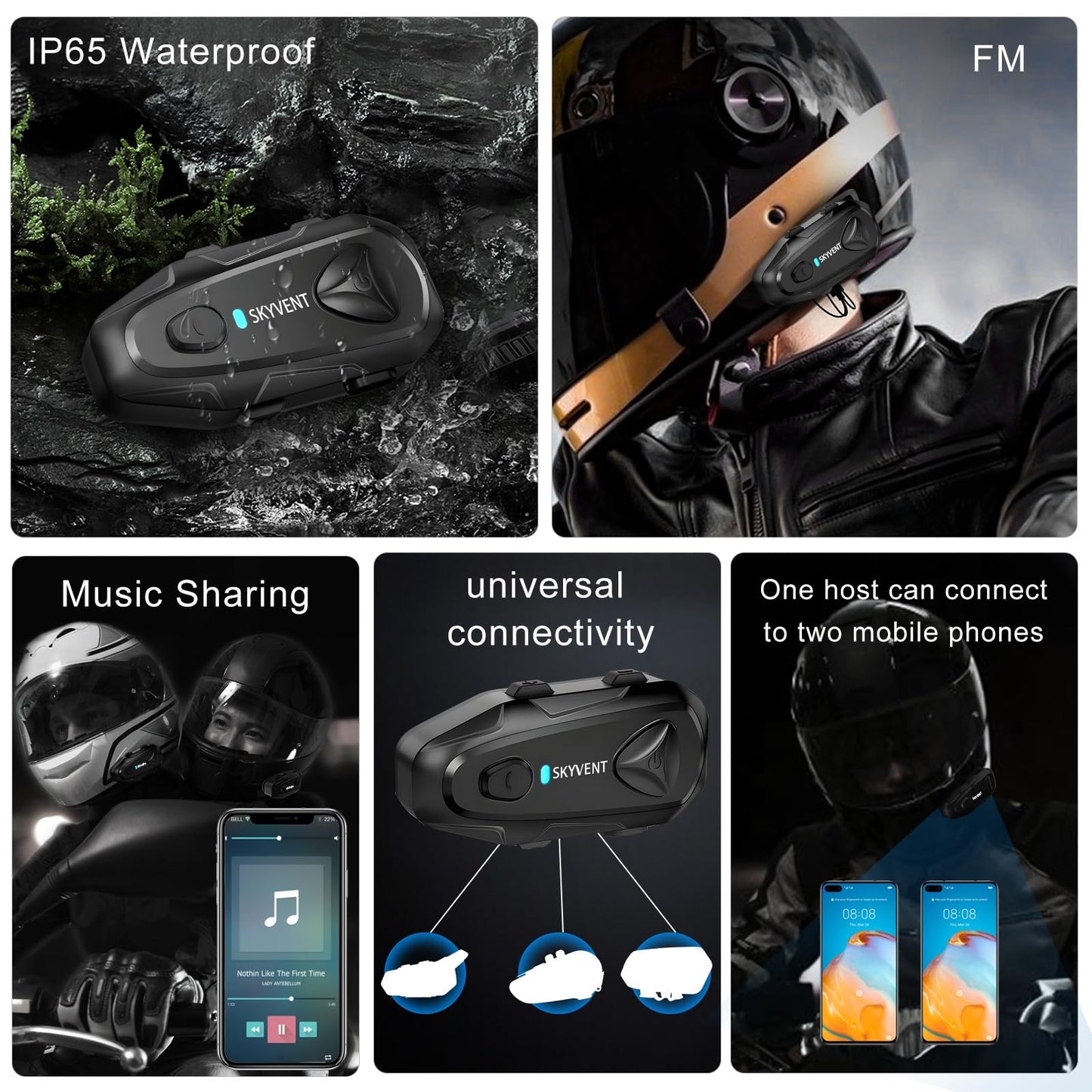 SKYVENT Q4 Motorcycle Bluetooth Communication System Headset Intercom, 4 Riders 1500m Music Sharing, FM, Noise Cancellation, IP65 Waterproof, Dual Pack (Q4)
