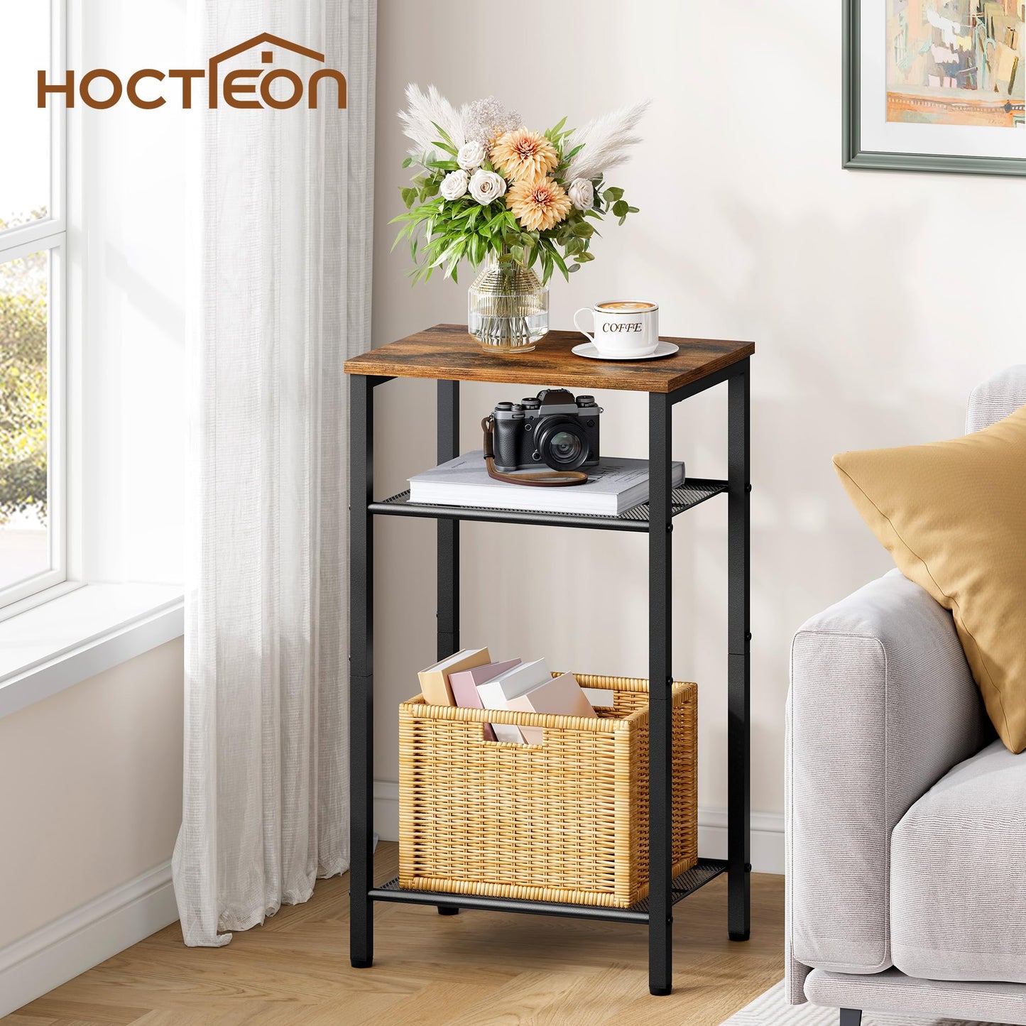 Hoctieon 3 Tier End Table, Telephone Table, Narrow Side Table with Storage, Nightstand for Small Spaces, Metal Frame, For Living Room, Bedroom, Sofa Couch, Hall, Easy Assembly, Rustic Brown