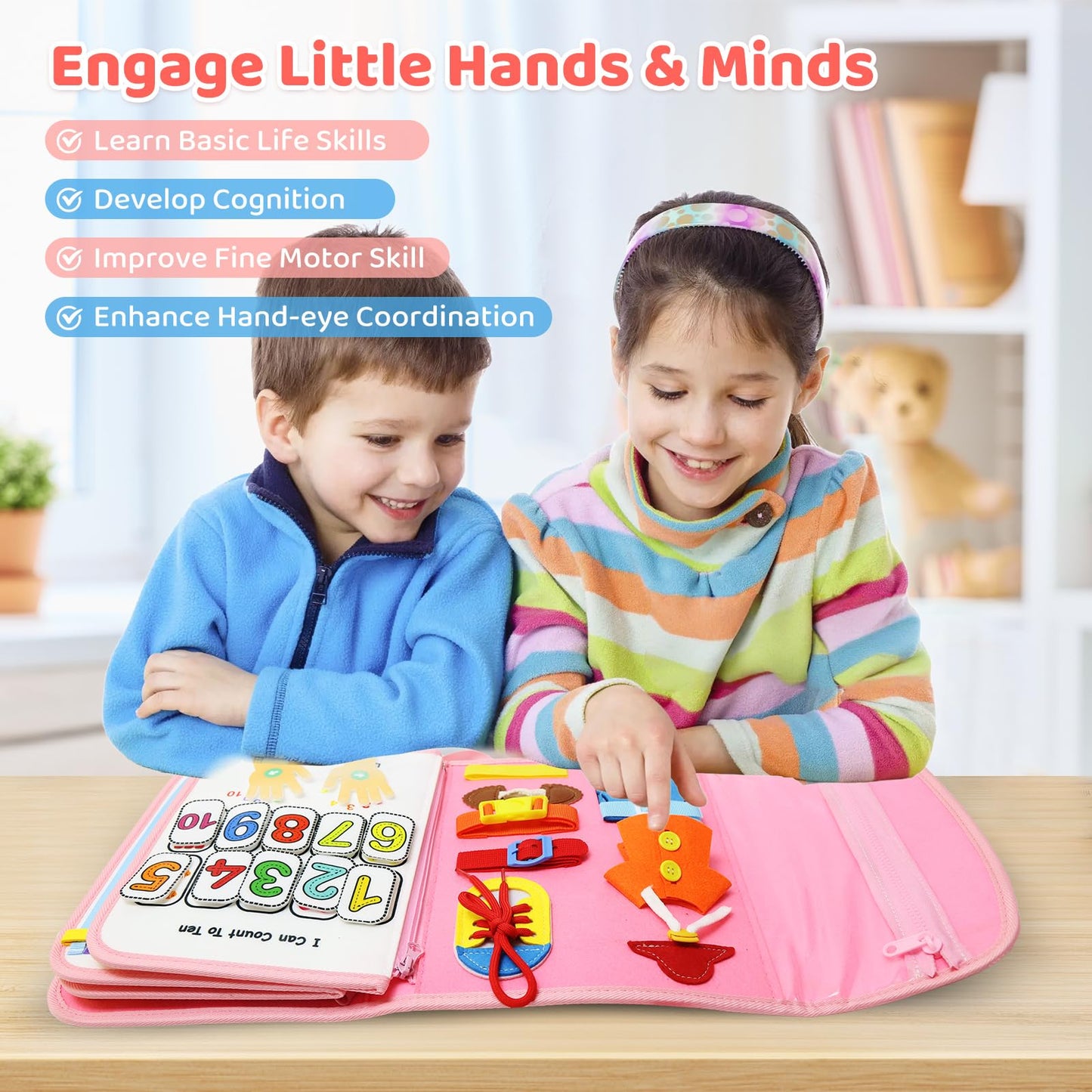 CHUAWANLY Busy Board Montessori Toys for Toddler,Busy Book - Sensory Preschool Learning Activities Educational Toys with Fine Motor Skills,Gift for Boys Girls,Travel Essentials for Plane Car (Pink)