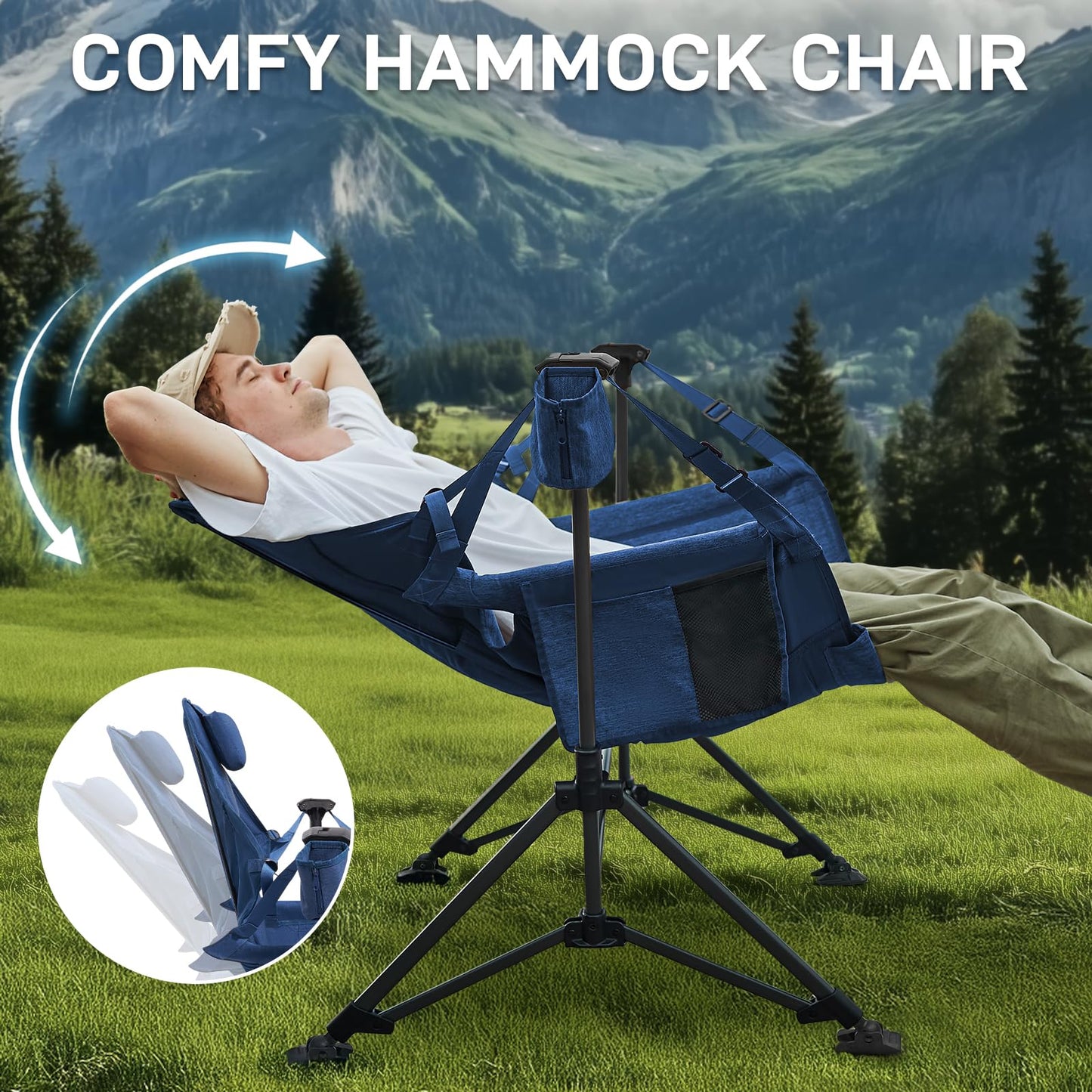 EVER ADVANCED Padded Hammock Camping Chair, Oversized Heavy Duty Swing Chair with Detachable Cup Holder, Portable Folding Rocking Camping Chair, Support Up to 400lbs, Blue
