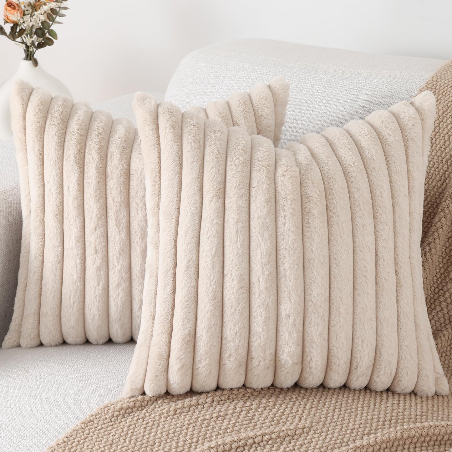 Pallene Faux Fur Plush Throw Pillow Covers 18x18 Set of 2, Luxury Soft Fluffy Striped Decorative Pillow Covers for Sofa, Couch, Living Room, Cream White