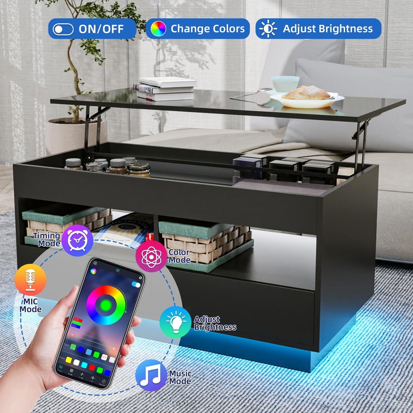 HOMMPA 40‘’ LED Coffee Table for Living Room, Lift Top Coffee Tables with Storage, Morden High Gloss 4 Tiers Black Tea Table Center Tables with Hidden Compartment & 2 Open Shelve & 2 Drawers