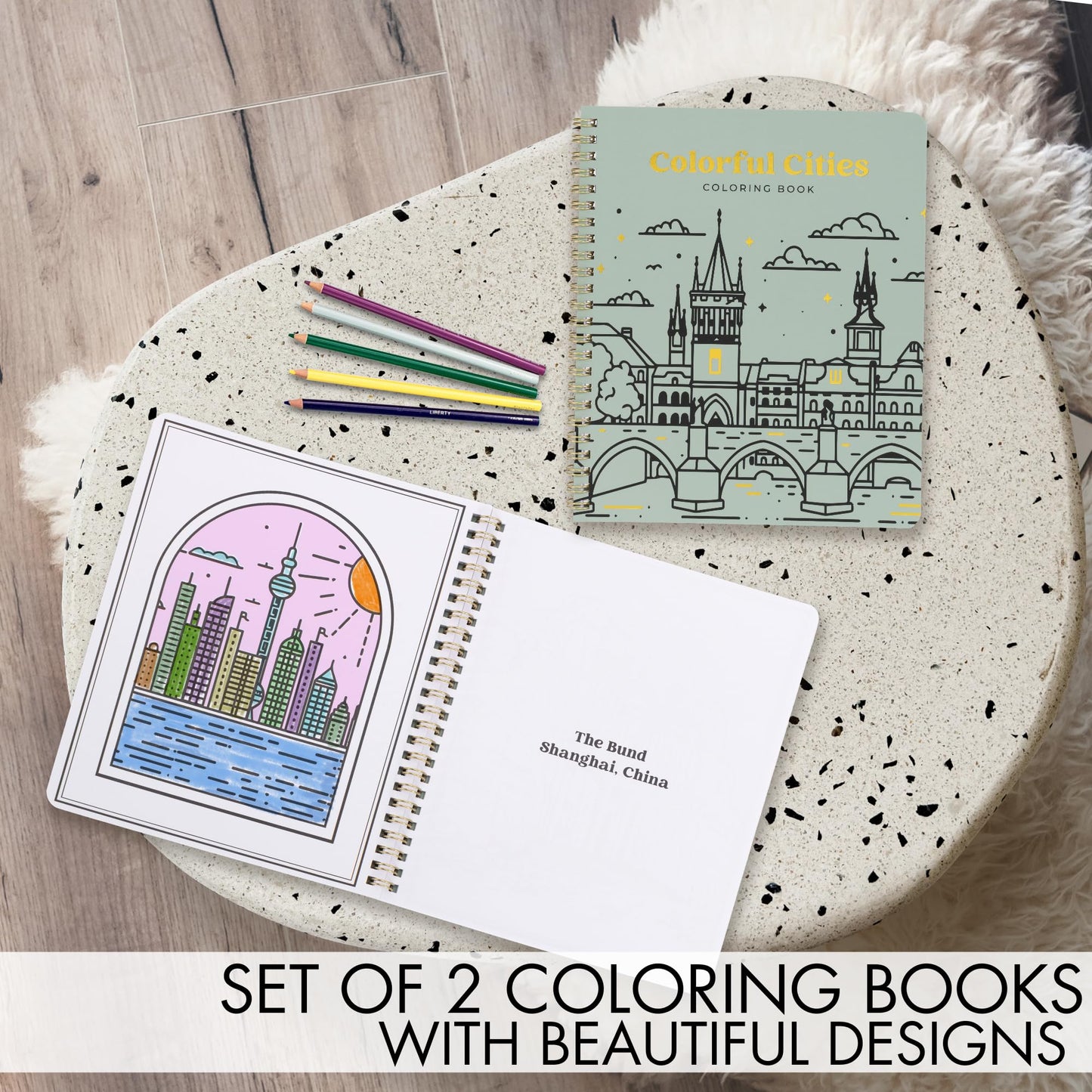 Beautiful Adult Coloring Book Set of 2 for Relaxation - Inspirational Adventures and Landmarks Scenery For the Spirit of Wanderlust - Perfect Stress-Relieving Gift for Women