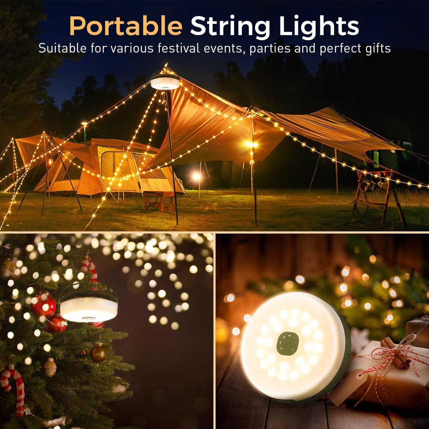 KUQIHUG Camping String Lights, 2 in 1 Quick Storage 32.8FT Rechargeable Tent Lights String with 8 Modes, Hanging Waterproof Portable LED Lamp for Outdoor Patio Awning Garden Party Essentials