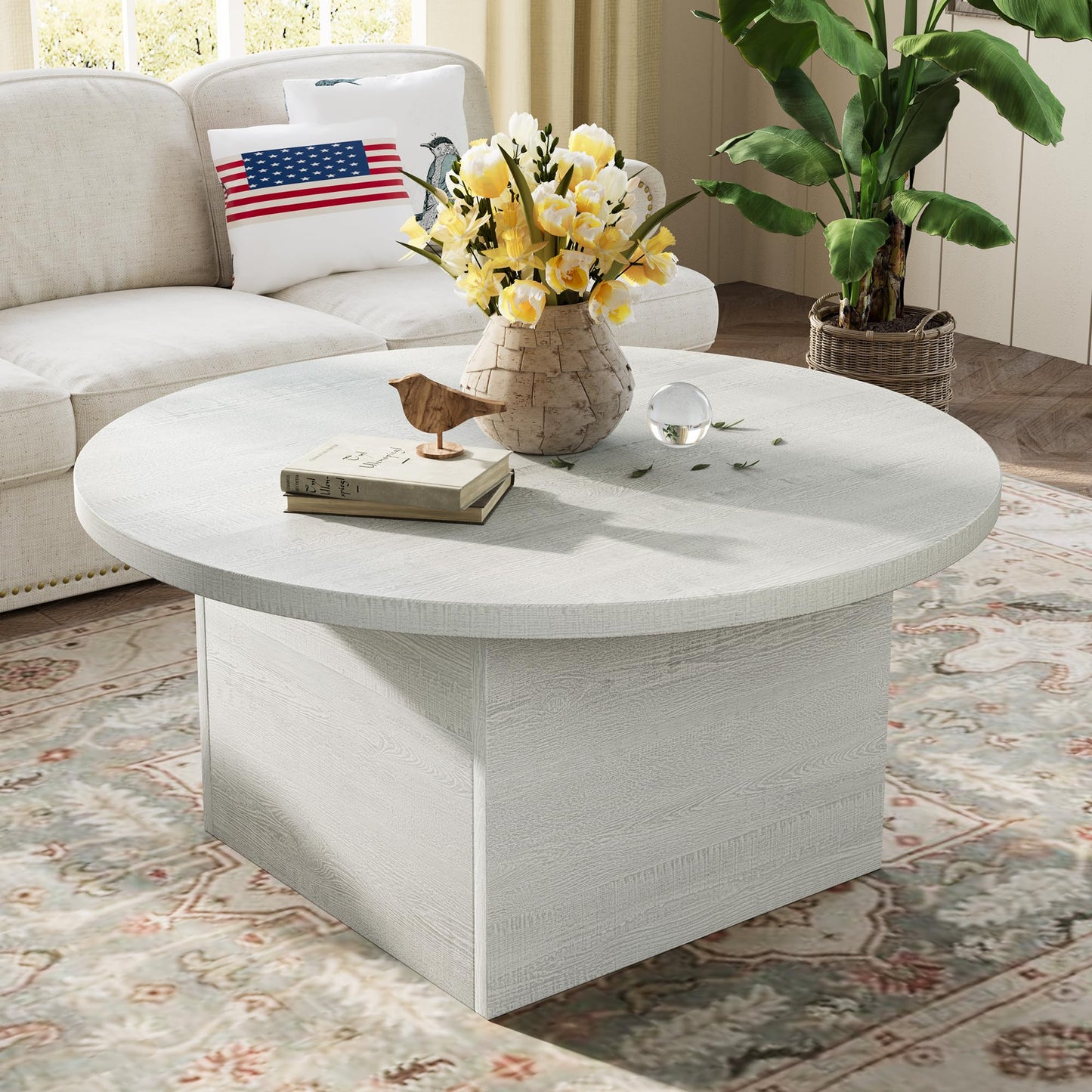 AMICLIBER Round Coffee Table, 35.5-Inch Modern Engineered Wood Center Coffee Tables for Living Room, Home Office Wooden Farmhouse Rustic Cocktail Tea Accent Table,White