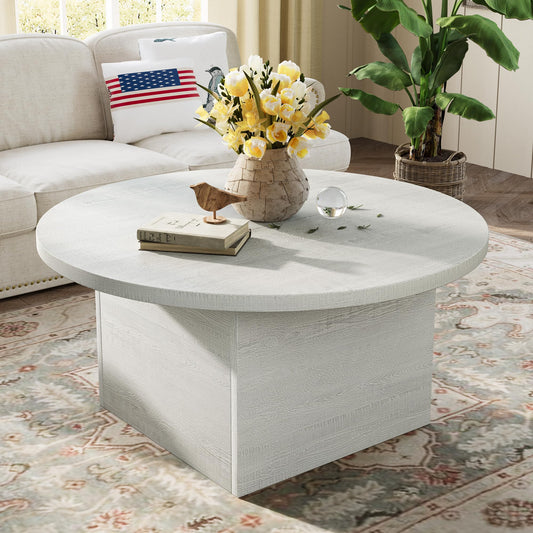 AMICLIBER Round Coffee Table, 35.5-Inch Modern Engineered Wood Center Coffee Tables for Living Room, Home Office Wooden Farmhouse Rustic Cocktail Tea Accent Table,White