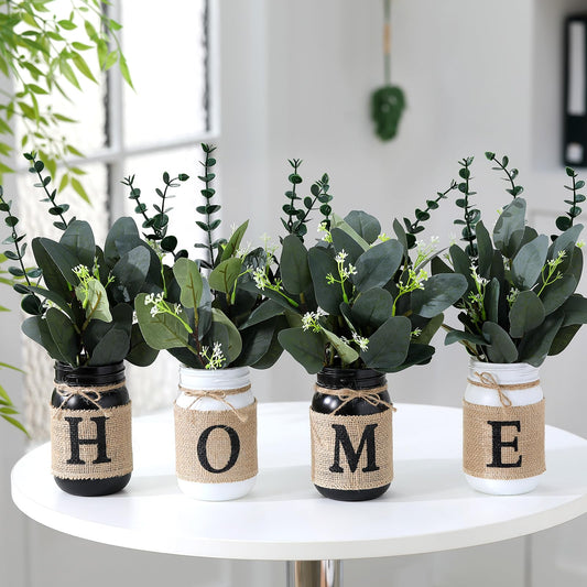 4 Pcs Home Centerpiece for Table Artificial Eucalyptus Mason Jar Centerpieces with Vase and Fake Plants Home Tabletop Tiered Tray Decor for Office Farmhouse Bathroom Dining Kitchen Decor