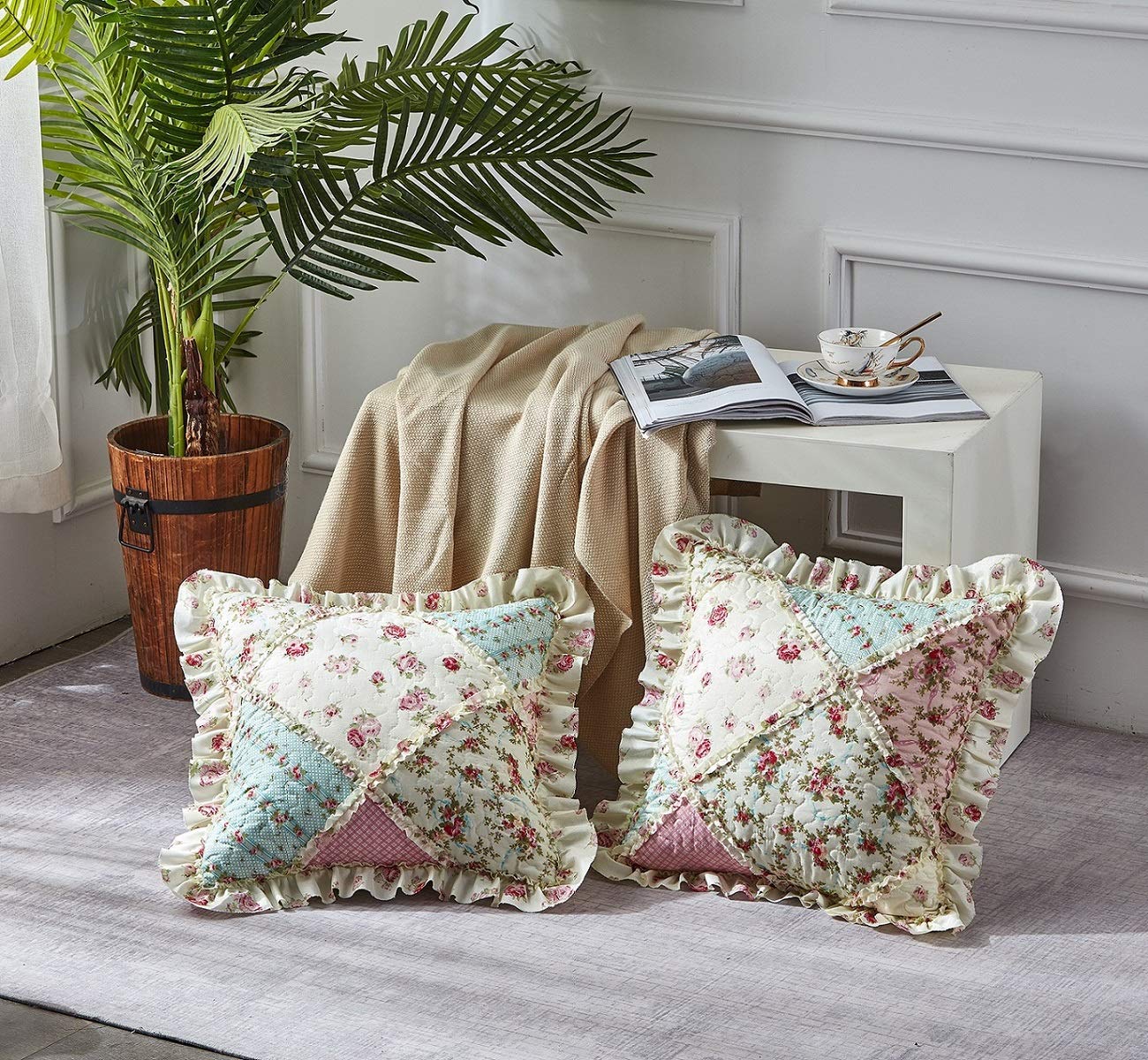 Brilliant Sunshine Roses Ruffle Pillowshams, Quilted Patchwork Decorative Pillow Covers Set, Washable Square Throw Cushion Cases for Couch, Recliner, Armchair, Bed, 18x18, Pack of 2, Pink Green