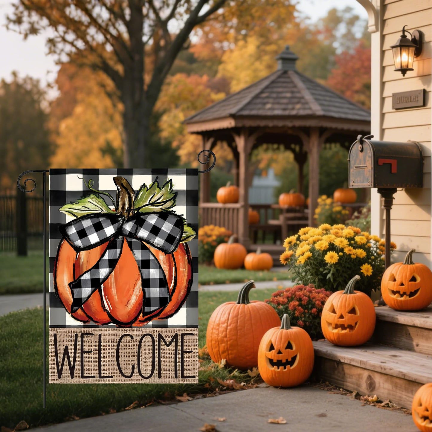 CJYGEGE Fall Pumpkin Welcome Fall Garden Flag for Outside 12x18 Inch, Double Sided Buffalo Plaid Autumn Garden Flags - Thanksgiving Harvest Decoration Burlap Yard Flag for Outdoor Holiday Festivities