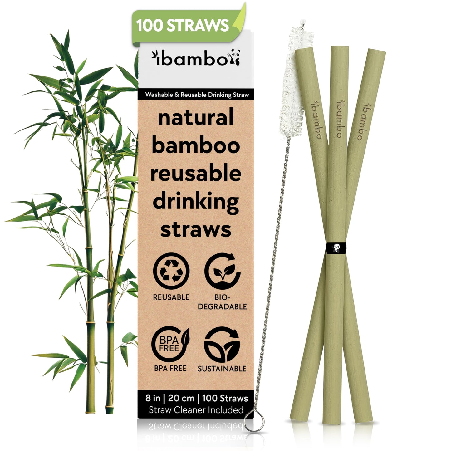 100% Bamboo Straws (10-Pack) - Biodegradable & Compostable 8 Inch Reusable Straws with Cleaner | FSC Certified, Eco Friendly | Hand Wash & Dishwasher Safe | For Hot & Cold Drinks