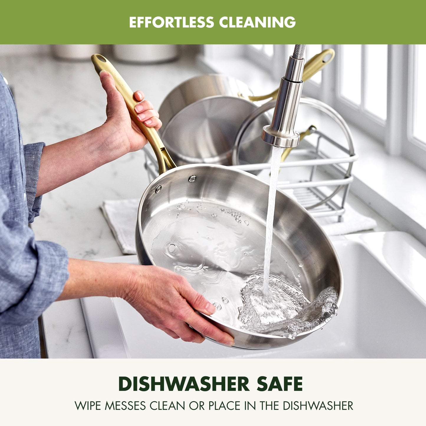 GreenPan 11 Piece Stainless Steel Cookware Set, Induction Ready, Tri-Ply Multiclad Pots & Pans with Lids, Compatible on All Cooktops, Measurement Markings, Dishwasher & Oven Safe, Swift, Gold Handles