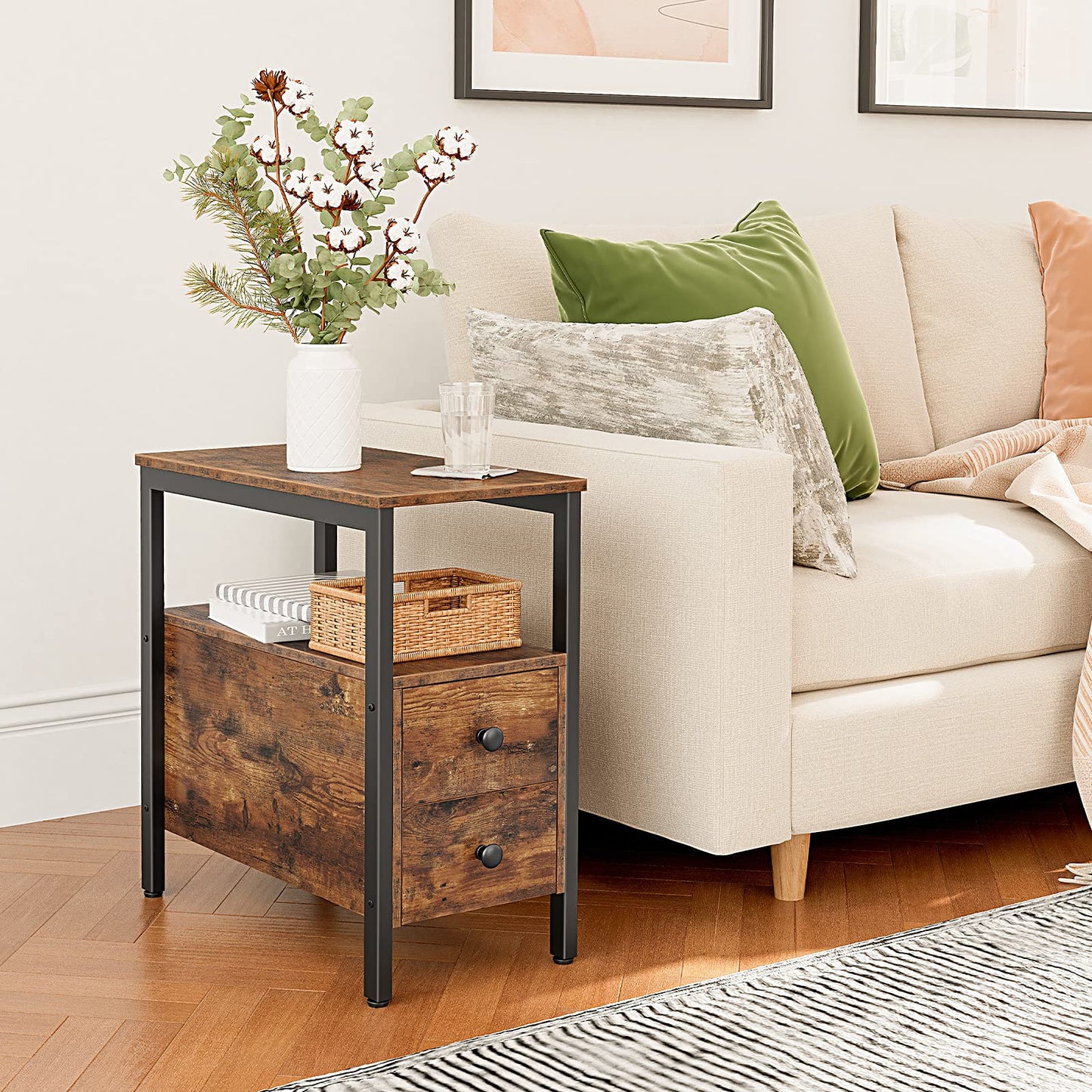 HOOBRO End Table, Narrow Chairside Table with Drawer and Open Storage Shelf, Nightstand for Small Spaces, Stable and Sturdy Construction, Wood Look Accent Furniture, Rustic Brown and Black BF548BZ01G2