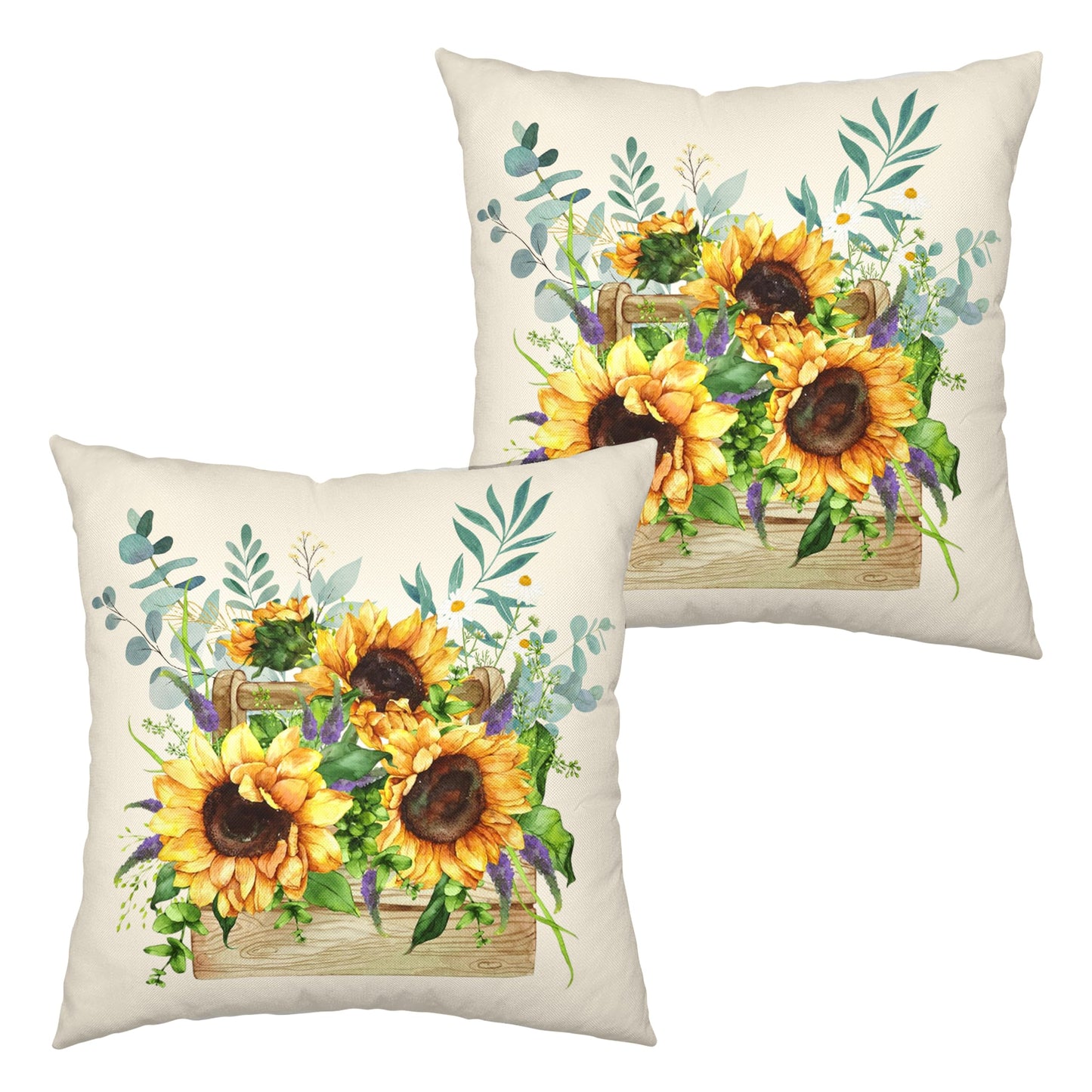 Kwlegh Sunflower Pillow Covers Spring Summer Floral Throw Pillow Covers Set of 2 Sunflowers with Eucalyptus Leaves Farmhouse Pillow Case 18x18 for Sofa Car Patio, Cotton Linen