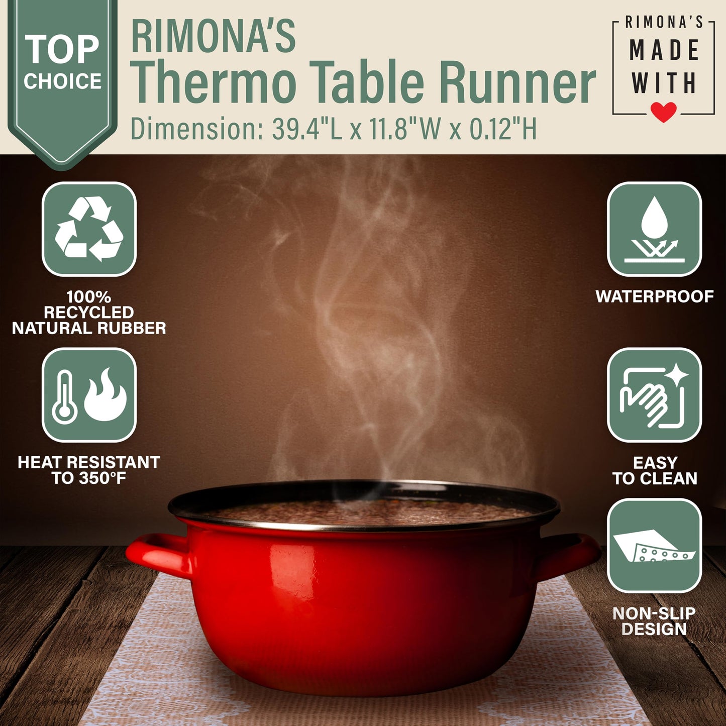RIMONA'S Thermo Heat Resistant Table Runner and Trivet for Hot Dishes - Waterproof Hot Plates to Protect Table and Countertop - Kitchen & Dining 350F Heat Protector 40" - White Golden Marble