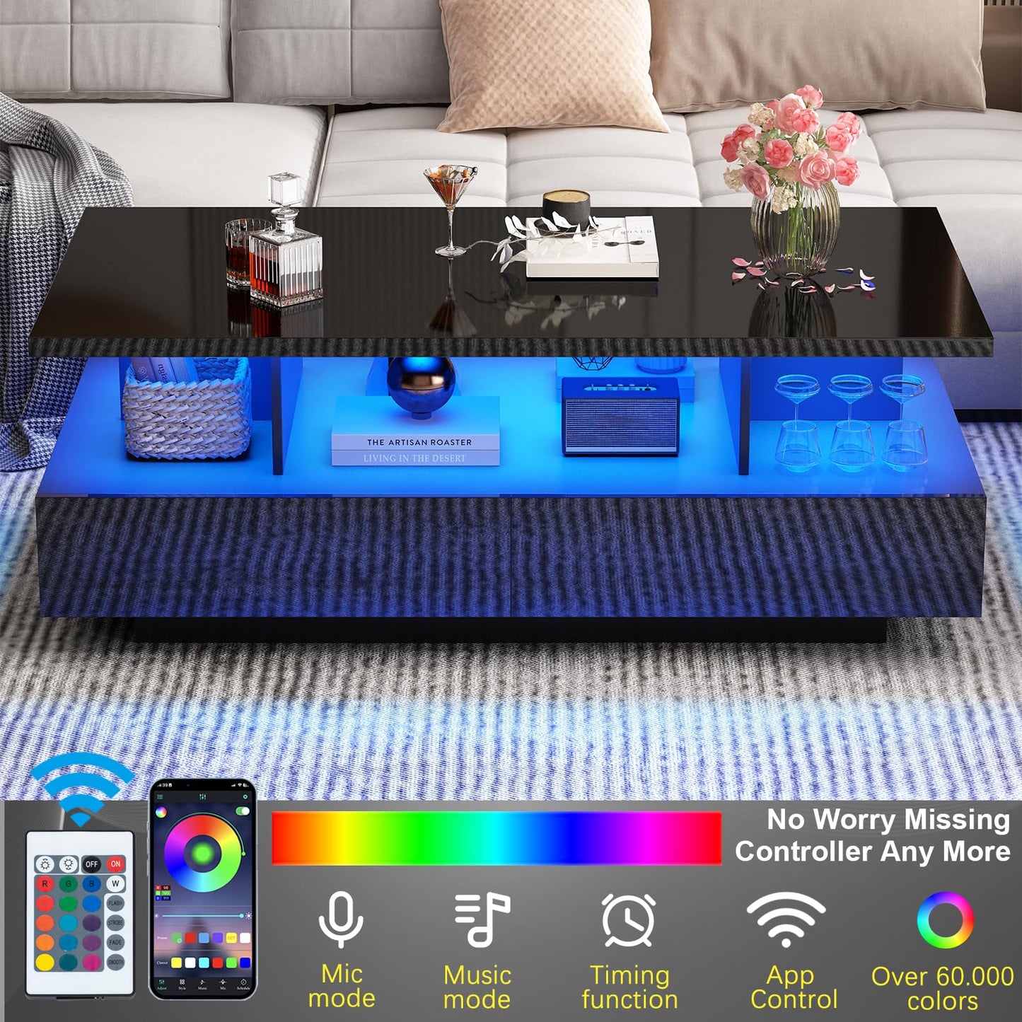 jiteentarou LED Coffee Table w/ 2 Storage Drawers,App Control,High Glossy Modern Black Coffee Table w/60,000-Color Lights,Rectangle 2-Tier Center Table w/Display Shelf for Living Room