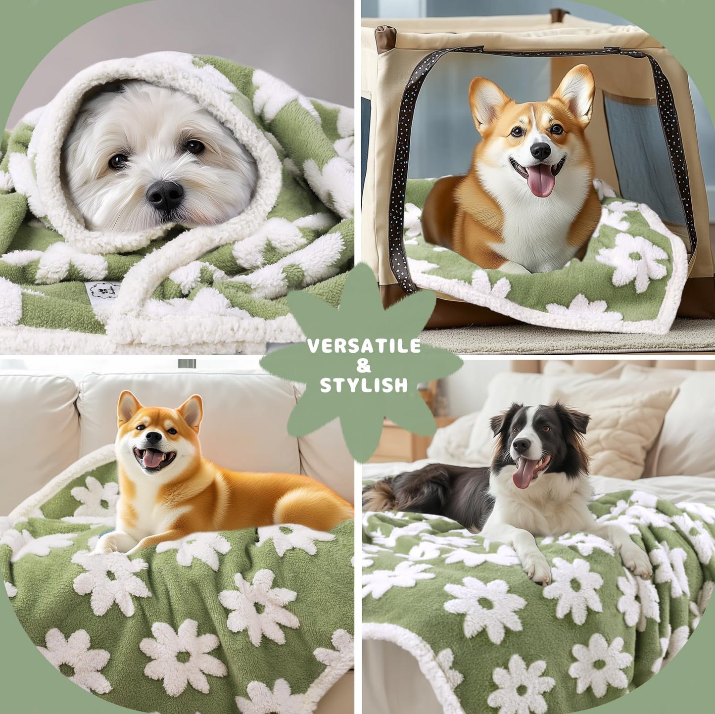 Luciphia Waterproof Pet Blanket for Medium Large Dogs Washable Fluffy Thick Jacquard Shag Fleece Warm Sherpa 3D Textured Flower Print for Cats Puppy Couch Protection (Green,40x28 inches)