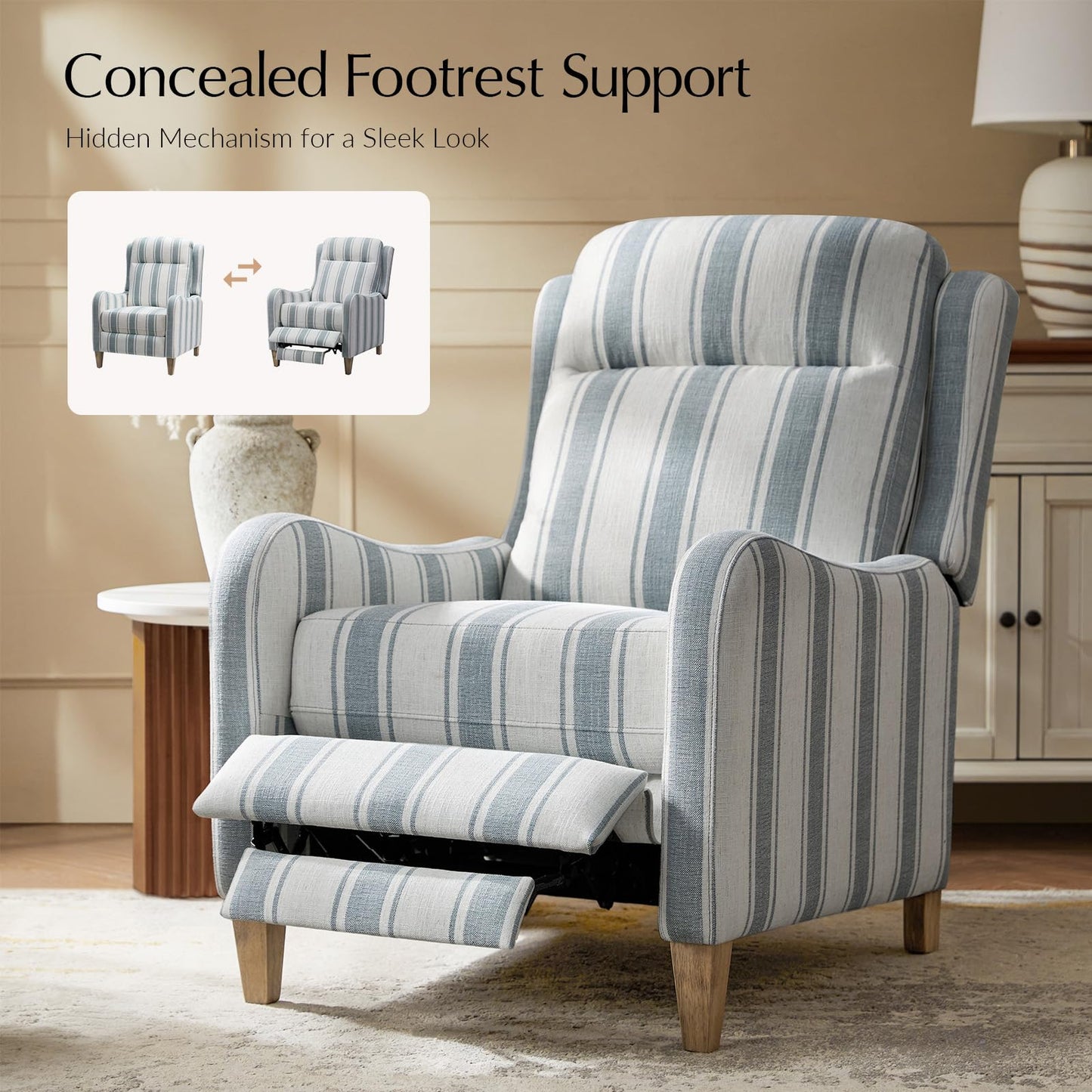 HULALA HOME Pushback Recliner Chair with Solid Wood Legs, Fabric Striped Comfy Upholstered Seating with Footrest, Armchair for Living Room/Reading, Blue