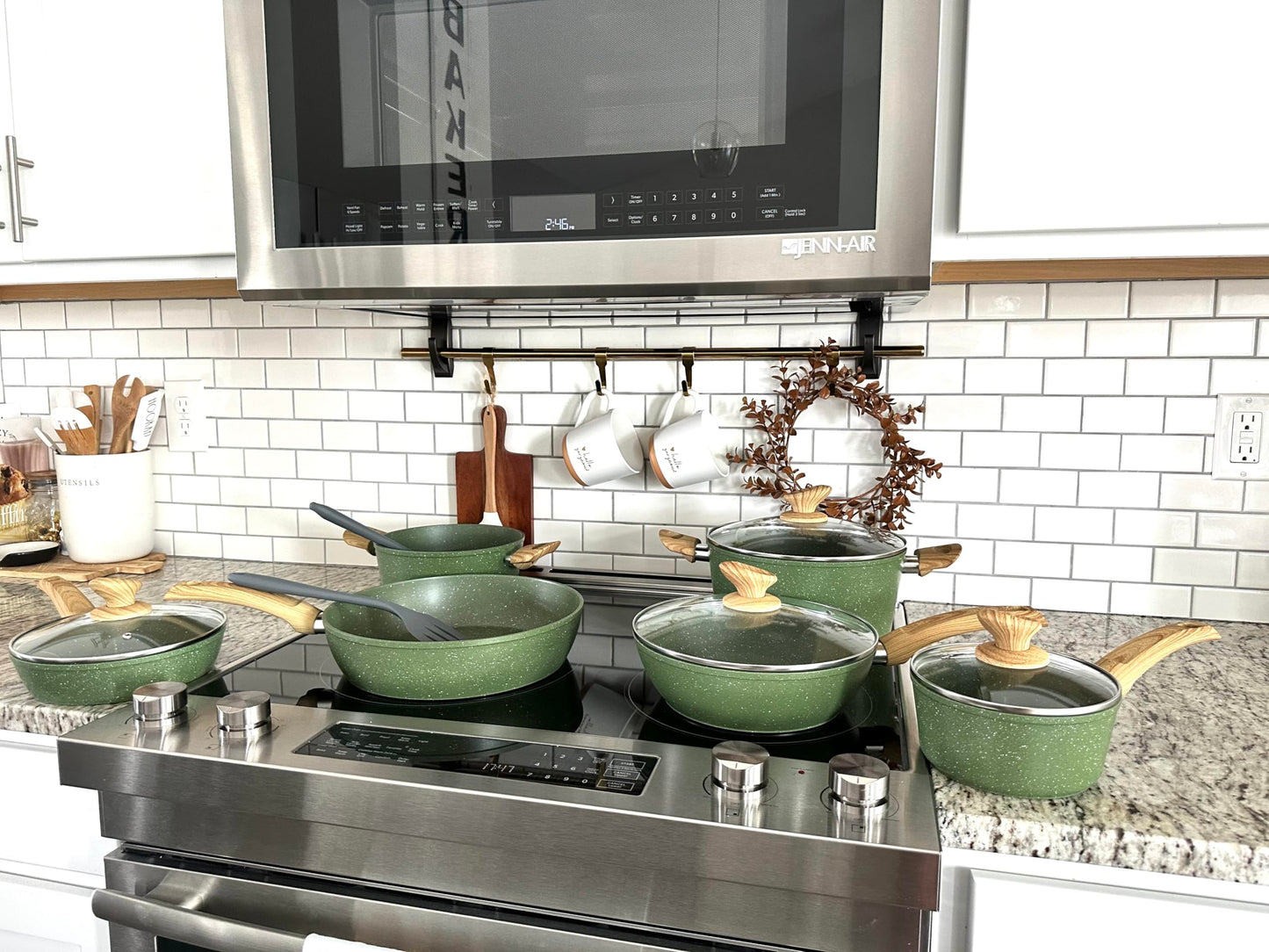 MAISON ARTS Pots and Pans Set Non Stick, 12 Piece Green Granite Kitchen Cookware Induction Compatible, Pot and Pan Sets for Cooking Nonstick