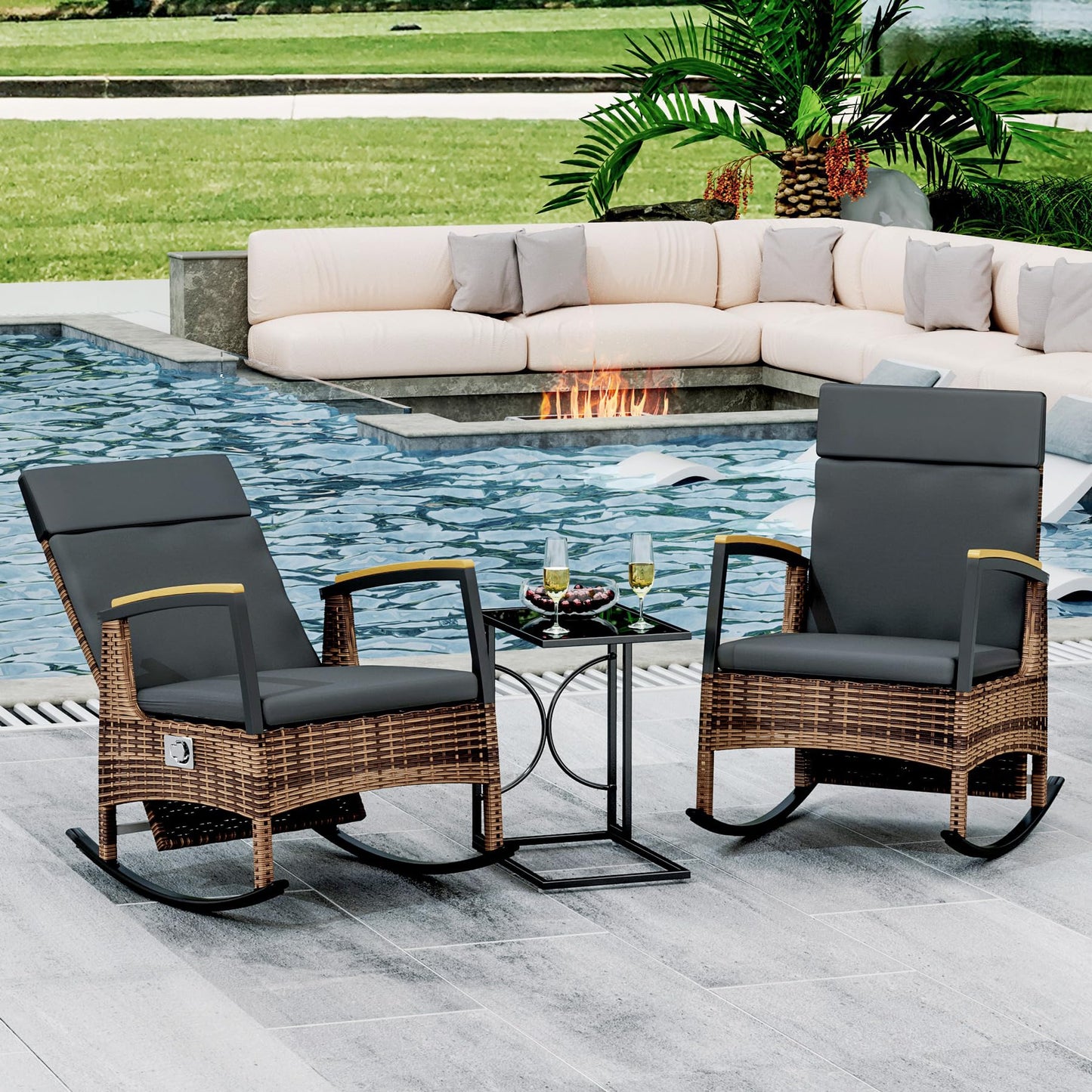 MAXXPRIME Outdoor Recliner Chair Set, Adjustable Patio Recliner with C Shaped Glass Top Side Table, Wicker Reclining Lounge Chairs, Rocking Chairs with Removable Cushions for Pool,Deck(Dark Gray)