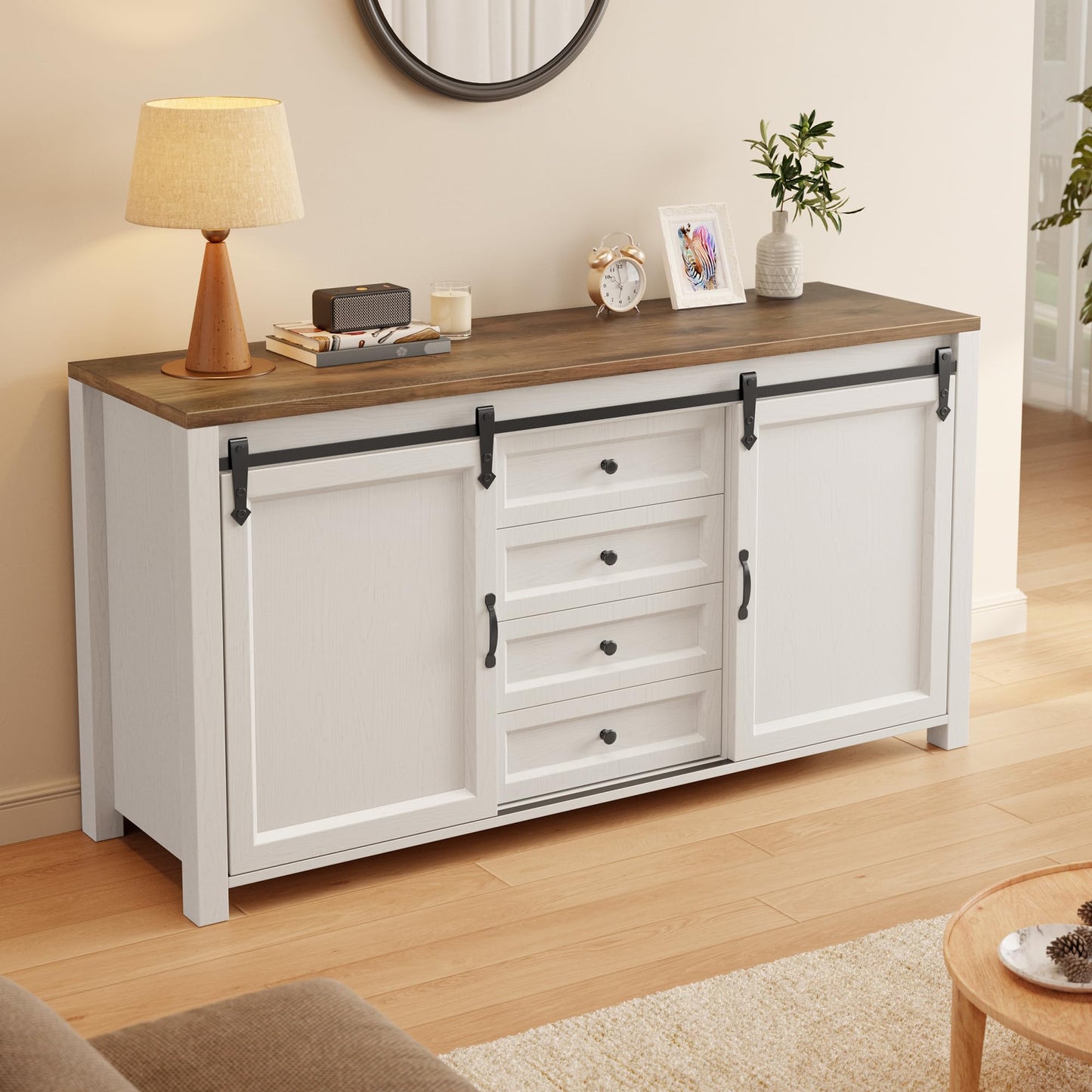 Gizoon Sideboard Buffet Cabinet with Storage, Large Kitchen Sideboard and Coffee Bar with Sliding Barn Doors and 4 Drawers, Kitchen Storage Island for Dining Room, Living Room, Retro