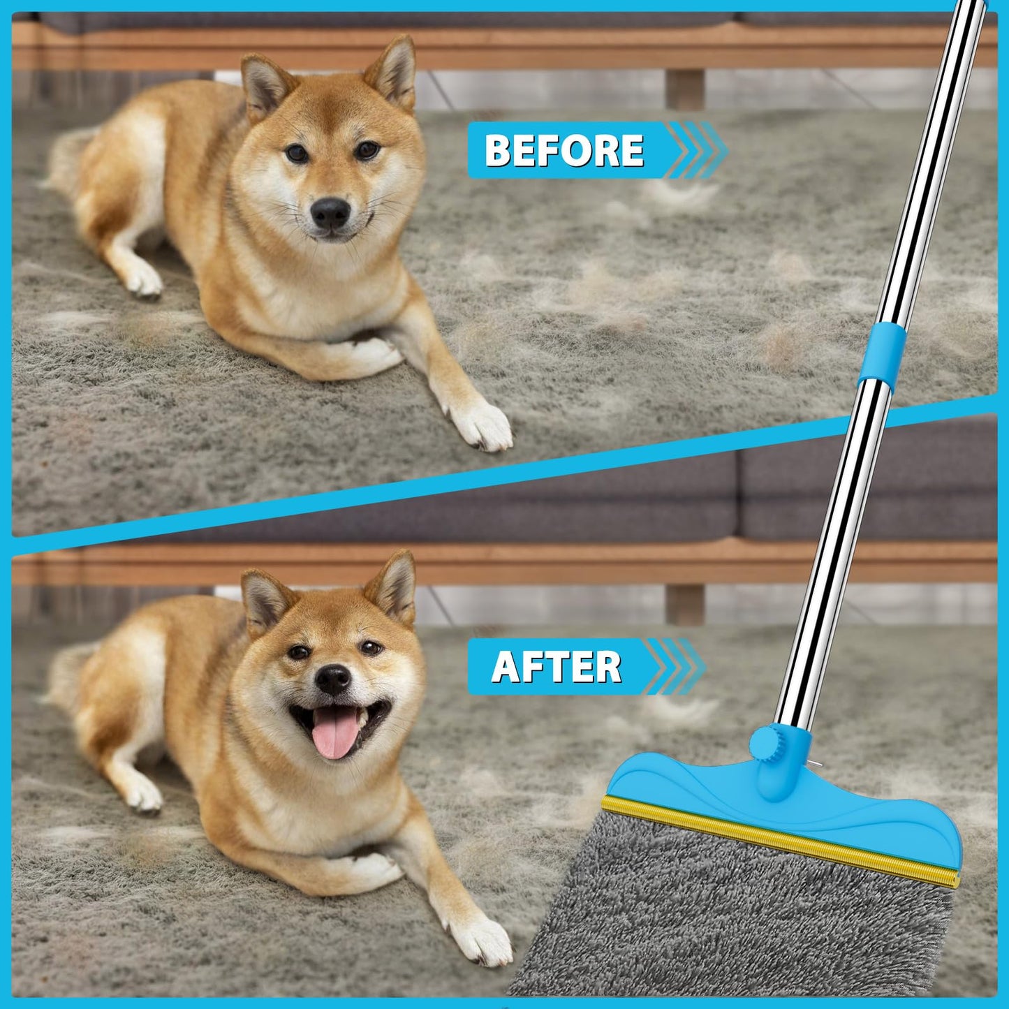 Eaersan 3 in 1 Carpet Rake Kit for Pet Hair Removal Tool - 45” Adjustable Long Handle Pet Hair Remover, Reusable Carpet Scraper Dog Cat Deep Hair Cleaner Remover Tool for Rugs, Mats, Couch, Furniture