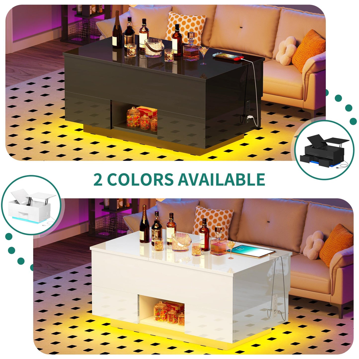 YITAHOME LED Lift Top Coffee Tables with Power Outlets Charging Station for Living Room, Modern Coffee Table with Storage 2 Drawers and Open Shelfs Rectangular Small Coffee Table Decor, Glossy Black