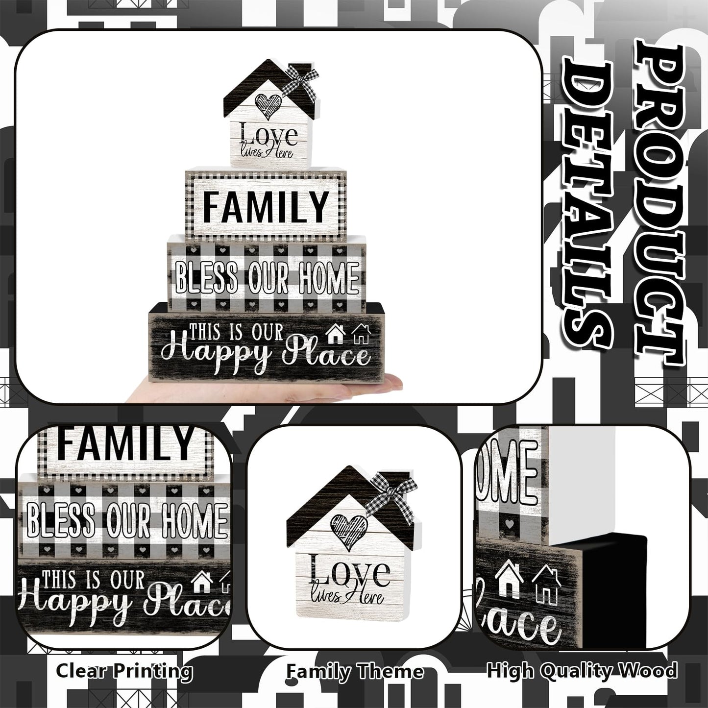 4 Pcs Farmhouse Family Wooden Tiered Tray Decor Set, Rustic Bless Our Home Wood Table Decor Buffalo Plaid Distressed Stack Block Signs Tabletop Centerpieces for Home Kitchen Shelf Mantle Decorations