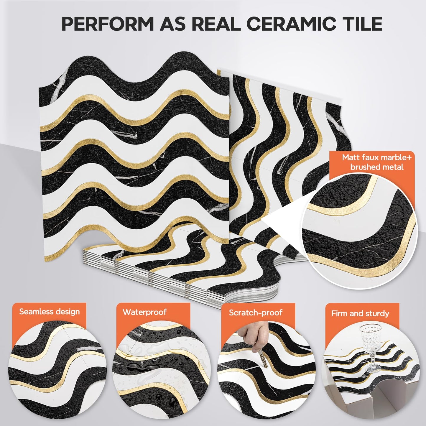 Vamos Tile 10-Sheet Peel and Stick Backsplash Seamless Tile,Stick on Backsplash for Kitchen and Bathroom, Black Marble Look+ Pure White PVC Mixed Metal Gold Self Adhesive Wall Tiles