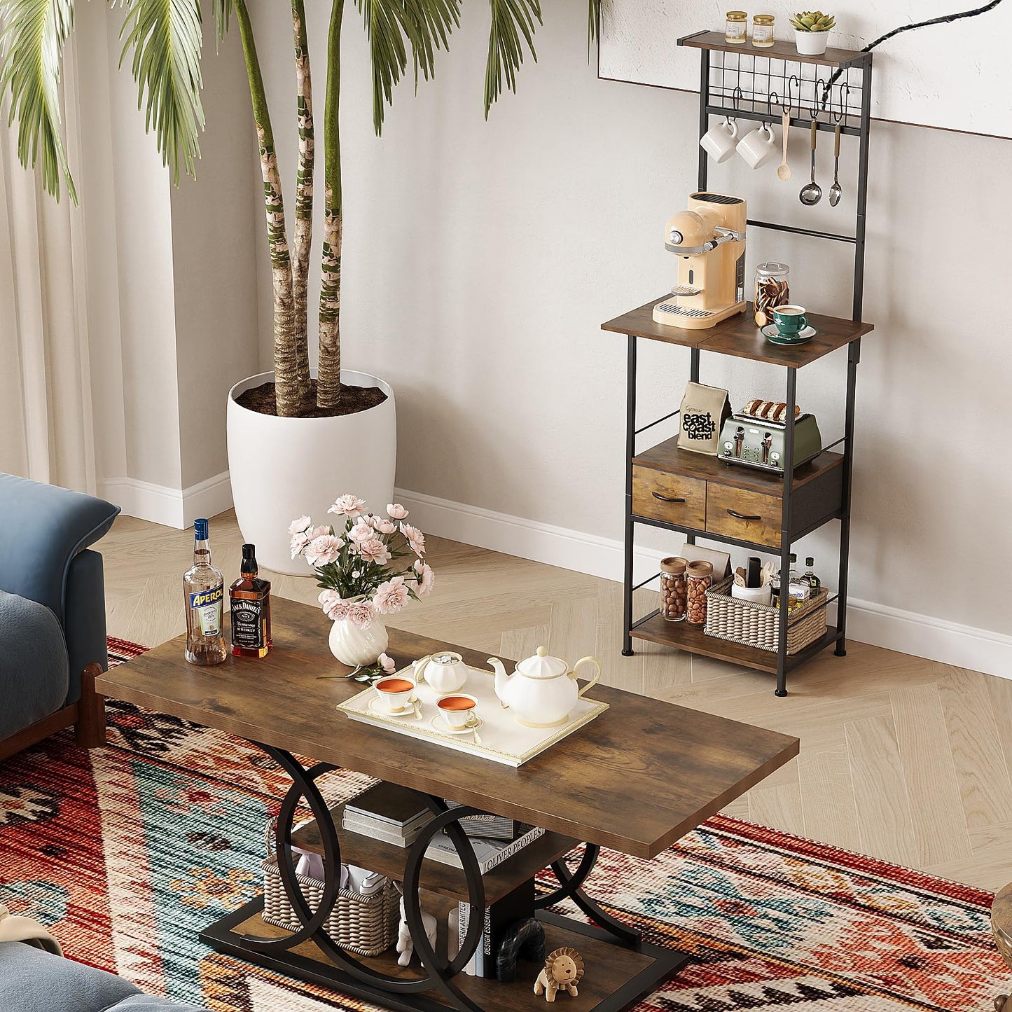 GiftGo Small Coffee Bar Station Narrow Corner Baker Rack Stand with 2 Storage Fabric Drawers 5 S Hooks for Small Spaces Farmhouse Bakers Rack for Kitchen, Entryway, Living Room (Brown, Narrow)