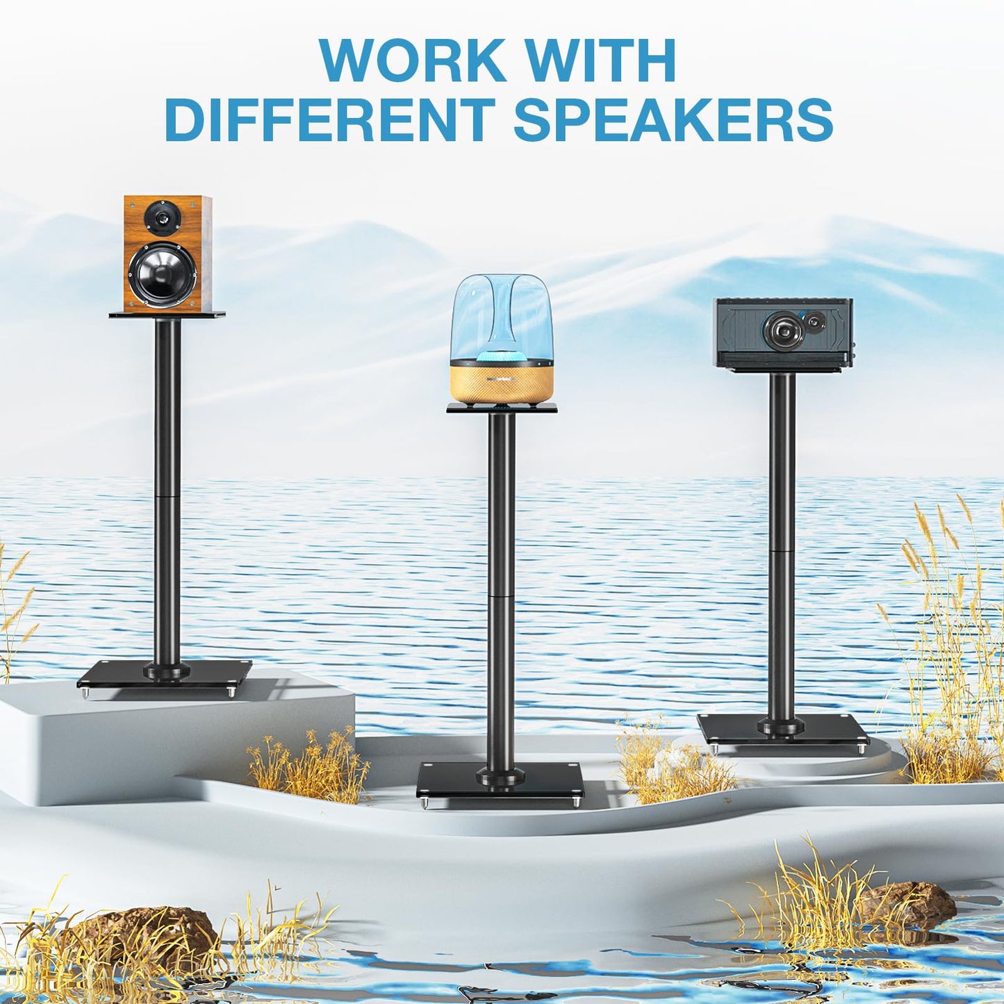 YOMT Universal Speaker Stands Pair for Surround Sound, 28 Inch Floor Speaker Stands with Cable Management Holds 22lbs Bookshelf Speaker Satellite Speaker, 1 Pair