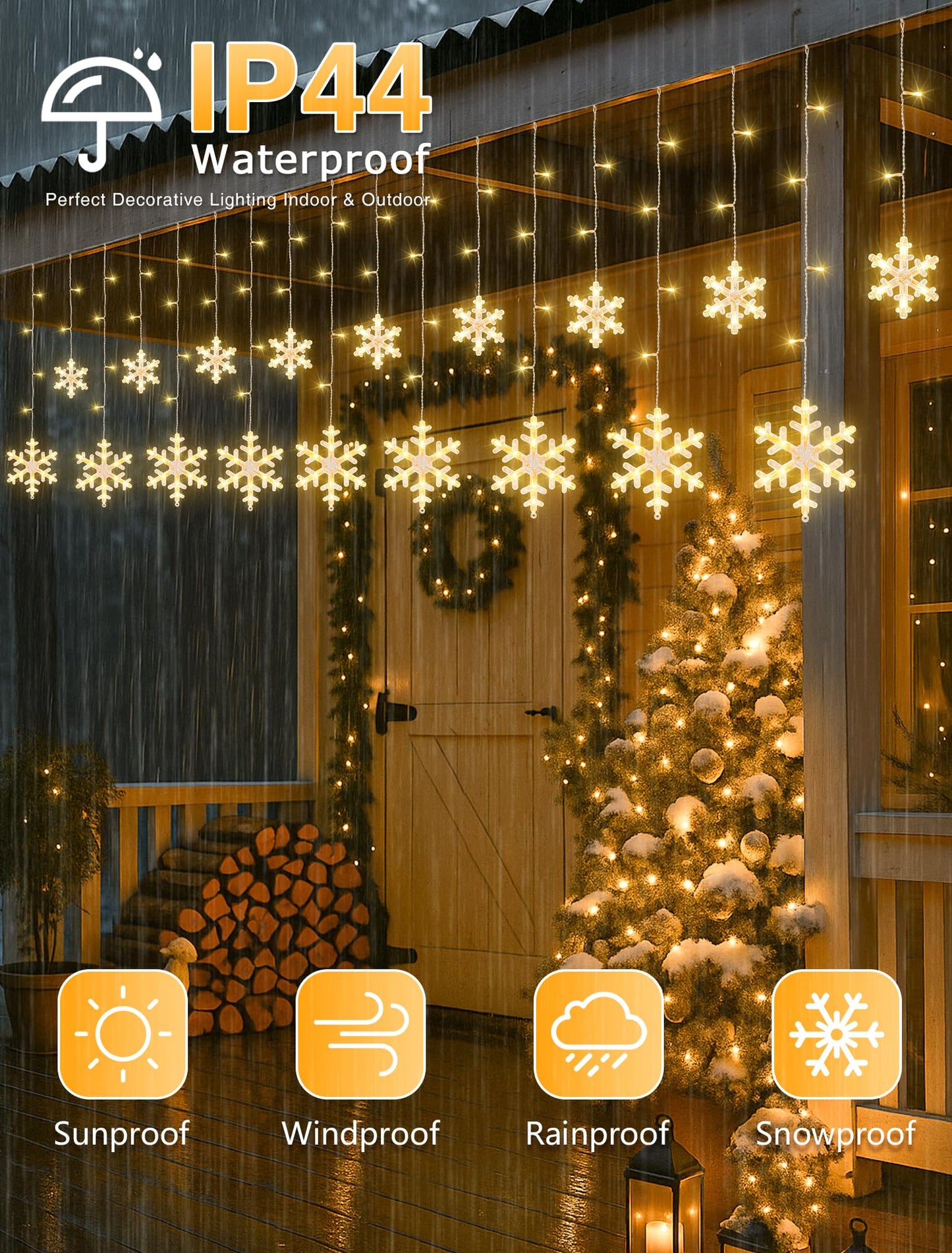 Qunlight Christmas Snowflake Lights,6.5ft 144LED Window Icicle Lights with 12 Drops,8 Modes Timer Connectable Curtain Light Plug in for Bedroom,Eaves,Wedding,Indoor Outdoor Xmas Decor,Warm White