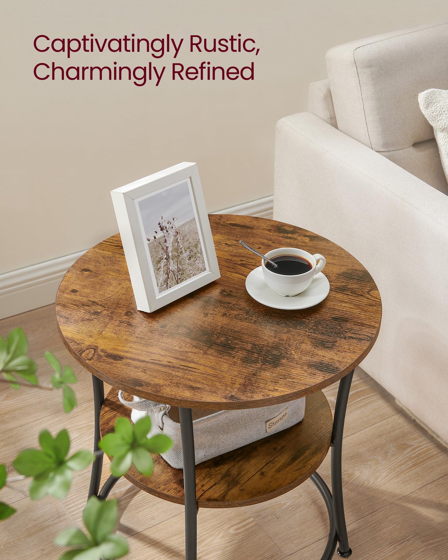 VASAGLE Side Table, 2-Tier Round End Table, Nightstand with Steel Frame for Small Spaces, Living Room, Bedroom, Rustic Brown and Ink Black