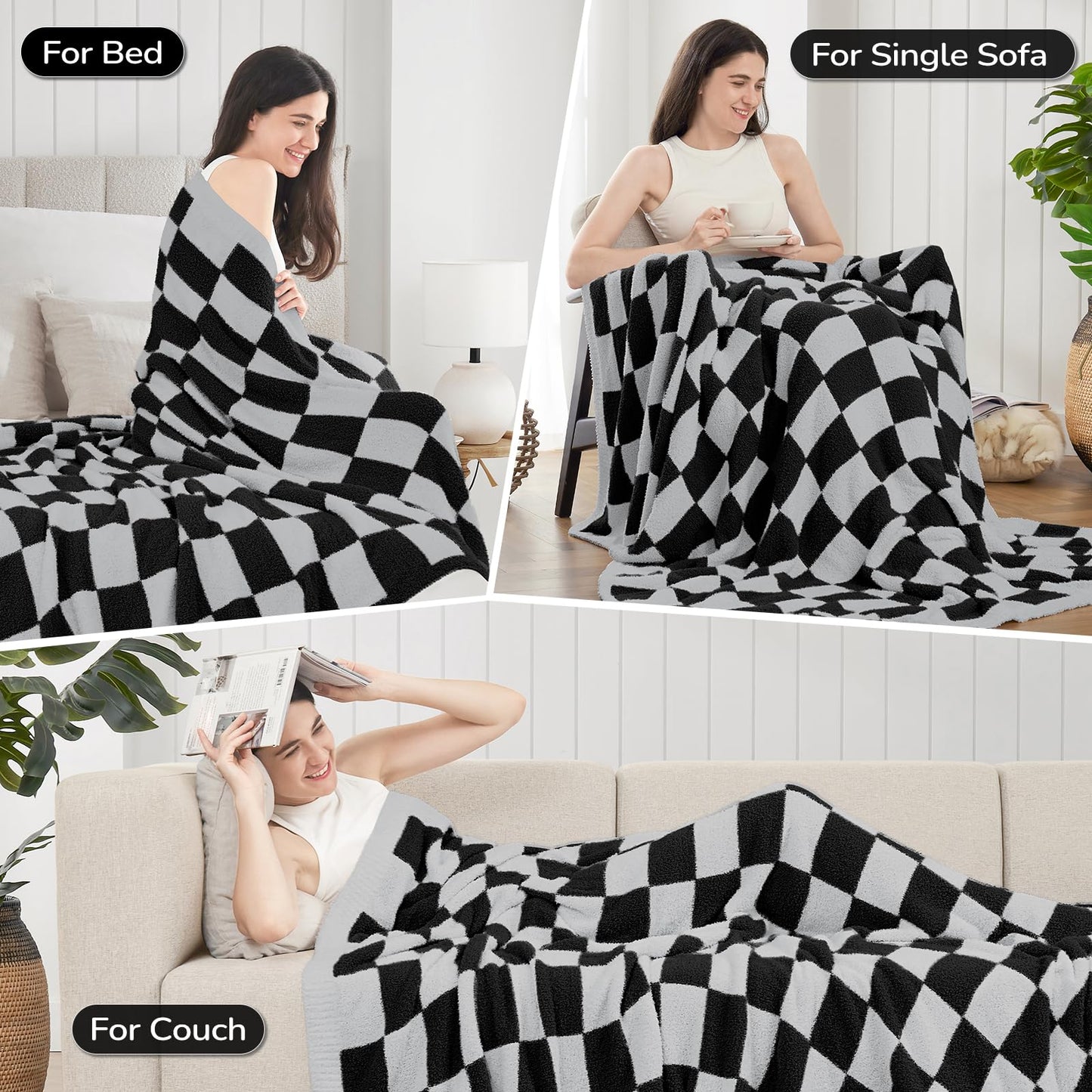 Basic Beyond Black Throw Blanket for Couch, Super Soft Fluffy Checkered Blanket, Cozy Fuzzy Throw Blankets for Bed, Sofa, Chair, 50x60