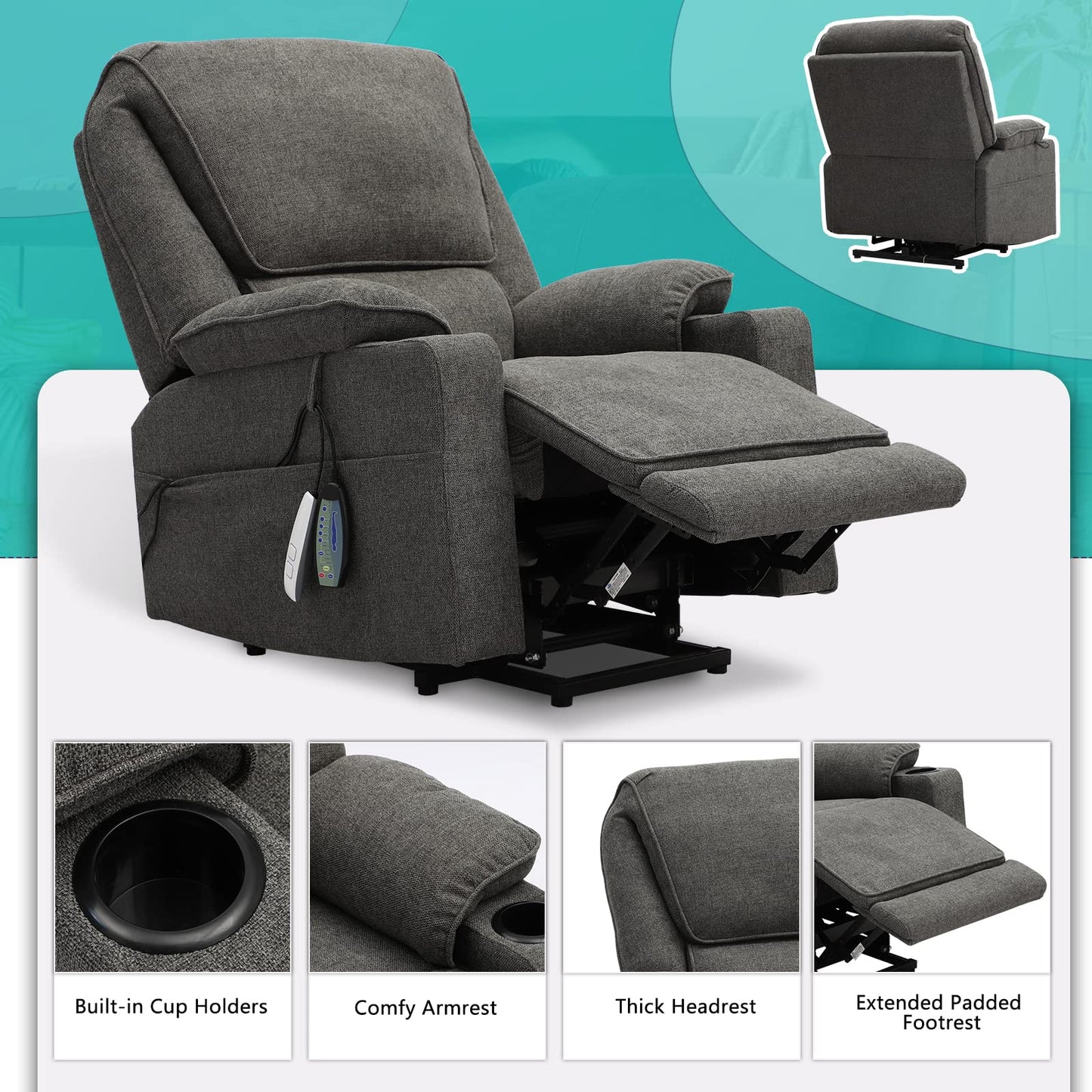 KIGOTY Power Lift Recliner Chair with Massage and Heat for Elderly, Recliner Chairs for Adults, Recliner Massage Chair with Remote Controls,Cup Holders, USB Port (Dark Grey, 33" Wide)