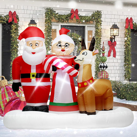 7 Foot Inflatable Christmas Santa Claus and Mrs Claus with Cute Reindeer Outdoor Holiday Decoration Featuring Bright LED Lights Perfect for Lawn Garden Party Christmas Display