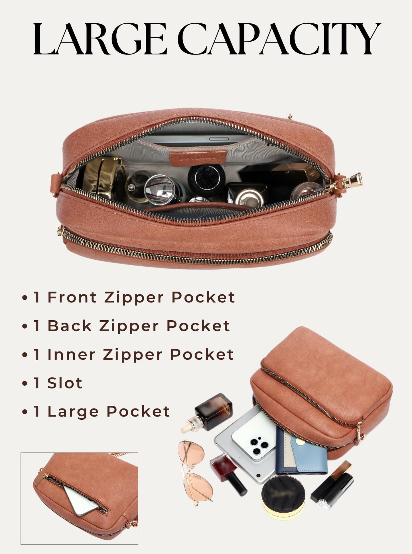 Botimmy Crossbody Bags for Women, Small Cross Body Purse Vegan Leather Triple Zip Shoulder Handbag with Adjustable Wide Strap Brown