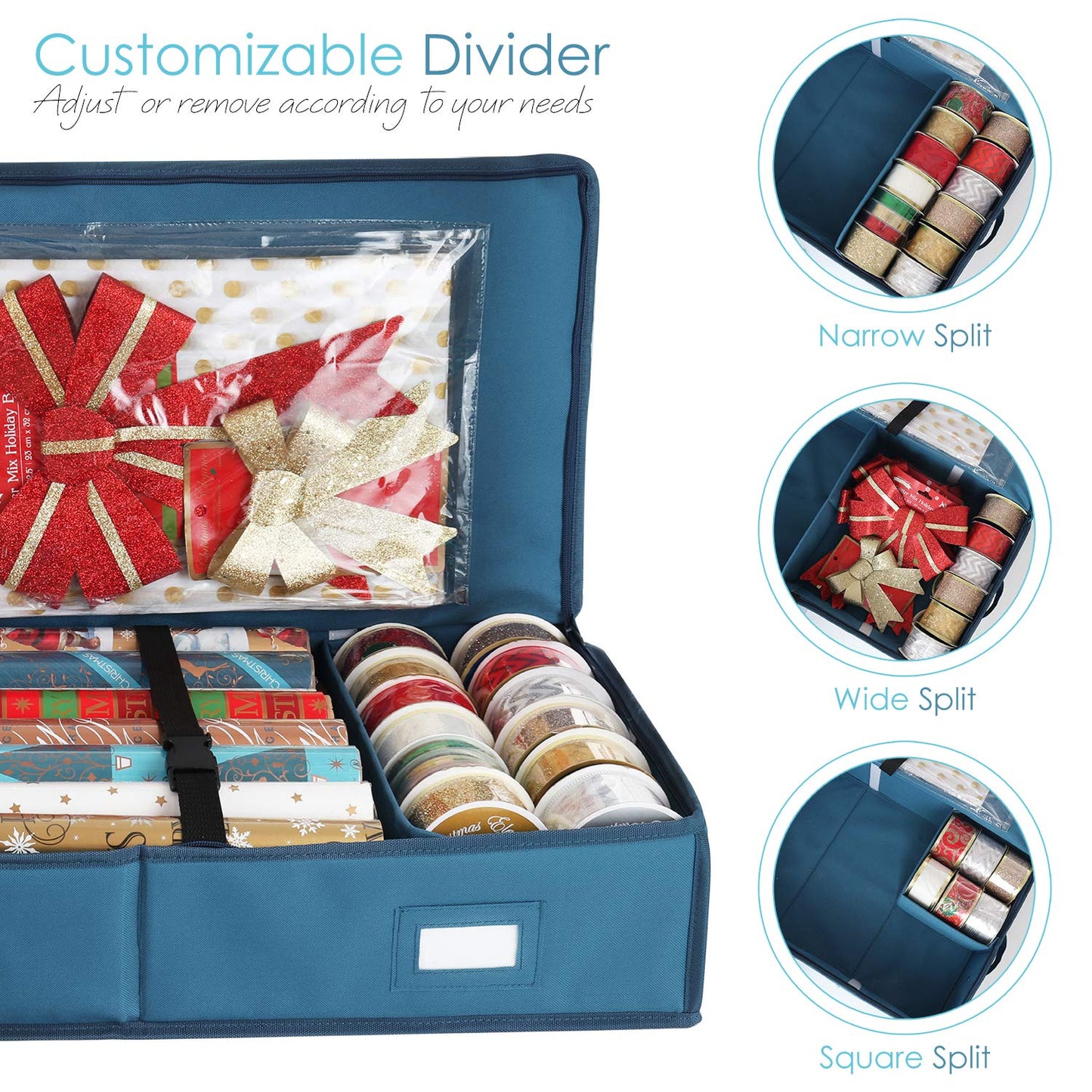 Hearth & Harbor Wrapping Paper Storage Container - Christmas Storage Bag with Interior Pockets - Gift Wrap Organizer Fits Up to 22 Rolls of 40" - Tear Proof, Blue
