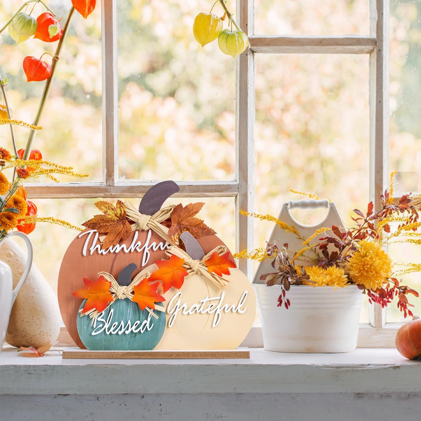 LXDNBGO Fall Decorations for Home, Farmhouse Wooden Pumpkin Decor for Autumn Thanksgiving, Blessed Grateful Thankful Decorative Pumpkin Sign for Table, Office Desk, Fireplace Mantle