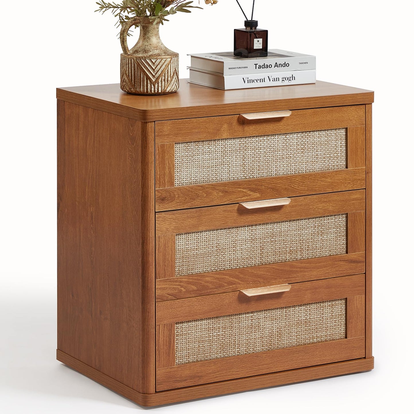 LEYAOYAO Rattan Night Stand with Drawers, 23" Large 3 Drawer Boho Nightstand, Natural Wood Bedside Table Storage Cabinet, Bed Side End Tables Dresser for Bedroom, Living Room, Hallway, Closet