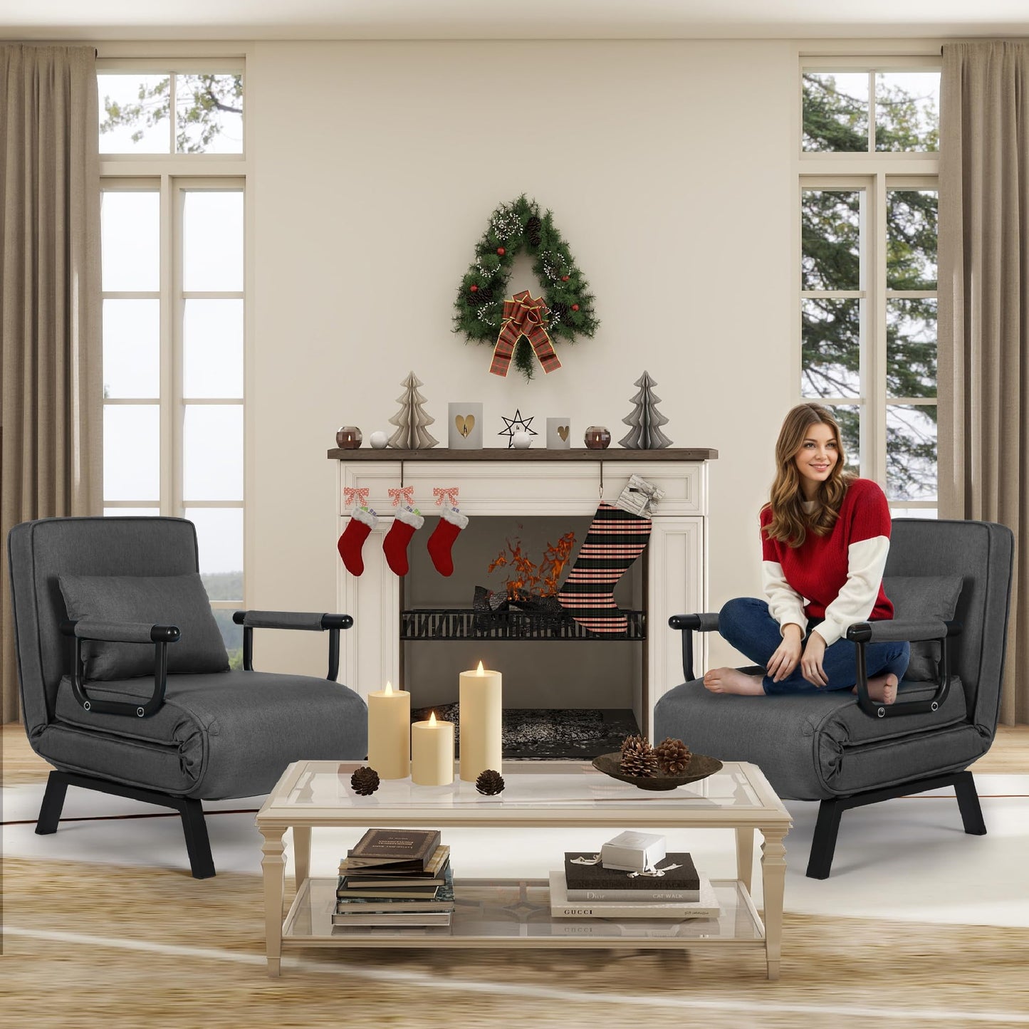 TYBOATLE Sleep Chair Bed, Comfy Convertible Sleeper Chairs for Adults, 5 in 1 Folding Sofa Bed with 5-Position Adjustable Backrest & Pillow, Cozy Small Chair Couch for Small Spaces, Office (Dark Grey)