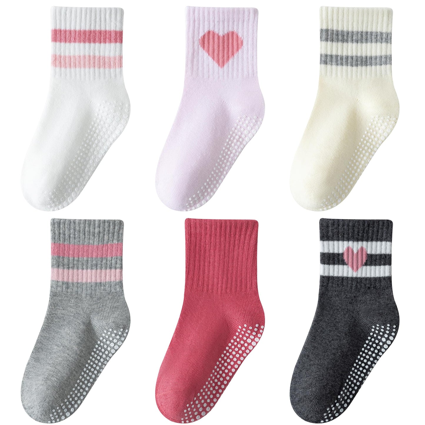 Wamvp Toddler Grip Socks with Non-Slip, Unisex Baby Retro Stripe Seamless Crew Ankle Cotton Socks for Girls Boys 6 Pairs,Pink 1-3T