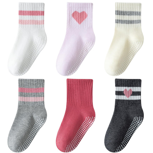 Wamvp Toddler Grip Socks with Non-Slip, Unisex Baby Retro Stripe Seamless Crew Ankle Cotton Socks for Girls Boys 6 Pairs,Pink 1-3T