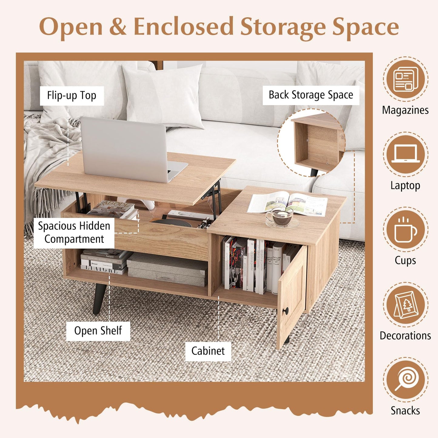 Tangkula Lift Top Coffee Table with Storage, Living Room Table with Hidden Compartment, Cabinet & Open Shelf, Flip Top Center Table, Pull up Coffee Table for Home, Office (Natural)