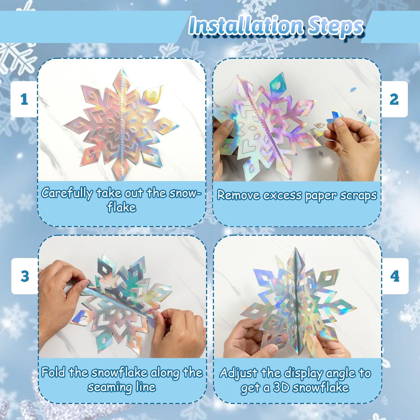 OuMuaMua 24PCS 3D Laser Iridescent Snowflakes Hanging Decorations for Christmas Winter Wonderland Holiday Home Decorations Indoor