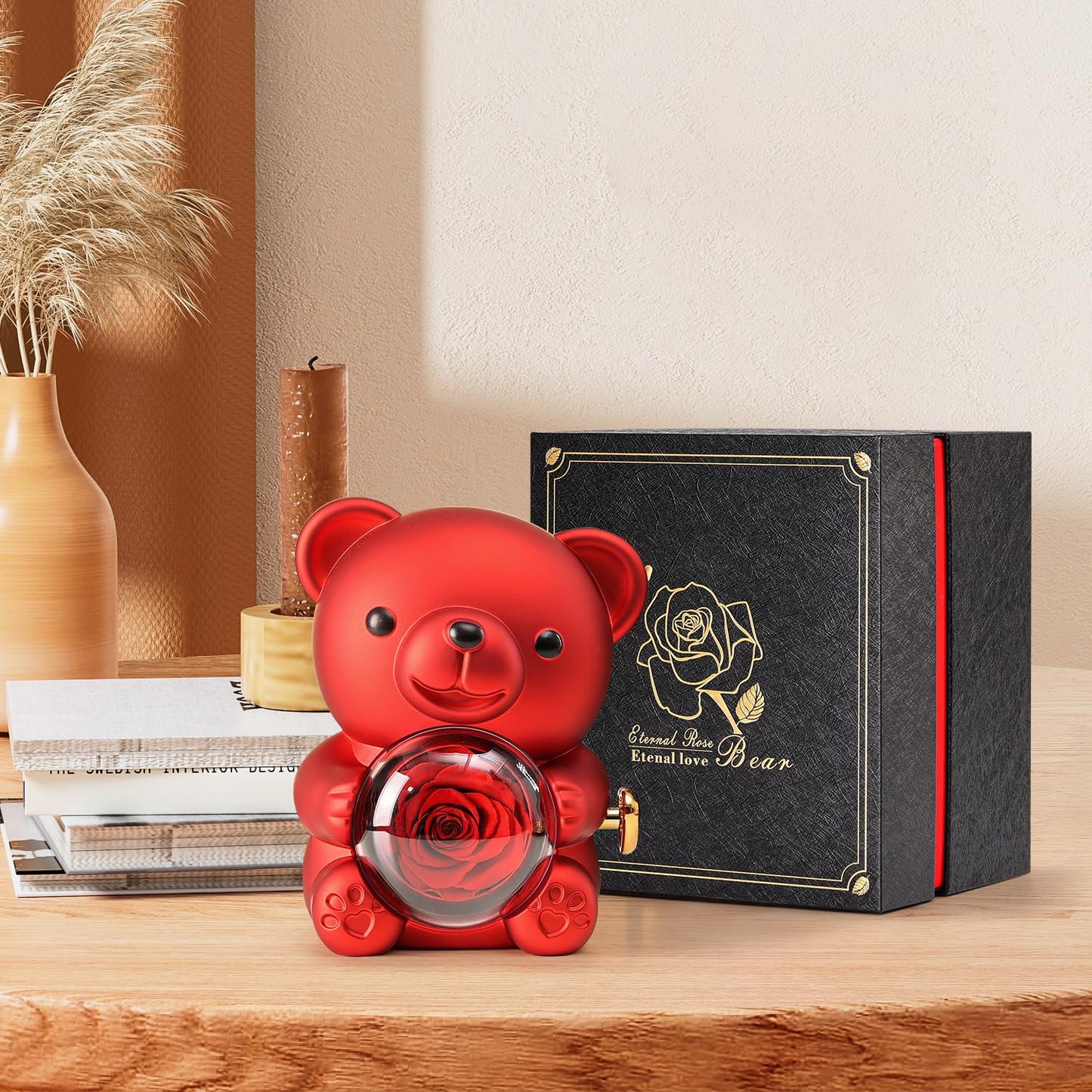 Anthonic Cute Teddy Bear with Preserved Rose - A Real Rose Flower in Bear with Elegant Gift Box - Romantic Gift for Her in Mother's Day, Weddings, Anniversaries, and Bridal Showers (Red)