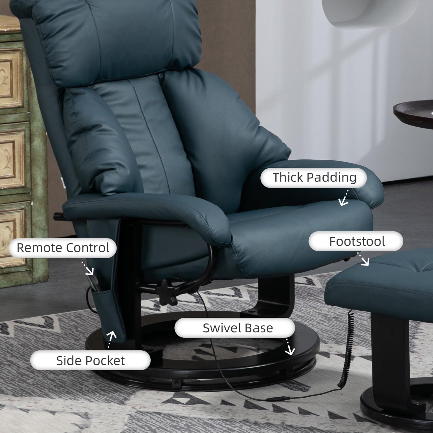 HOMCOM Massage Recliner Chair with Ottoman, 360° Swivel Recliner and Footstool, 10 Point Vibration, PU Leather Reclining Chair with Side Pocket and Remote Control, Blue