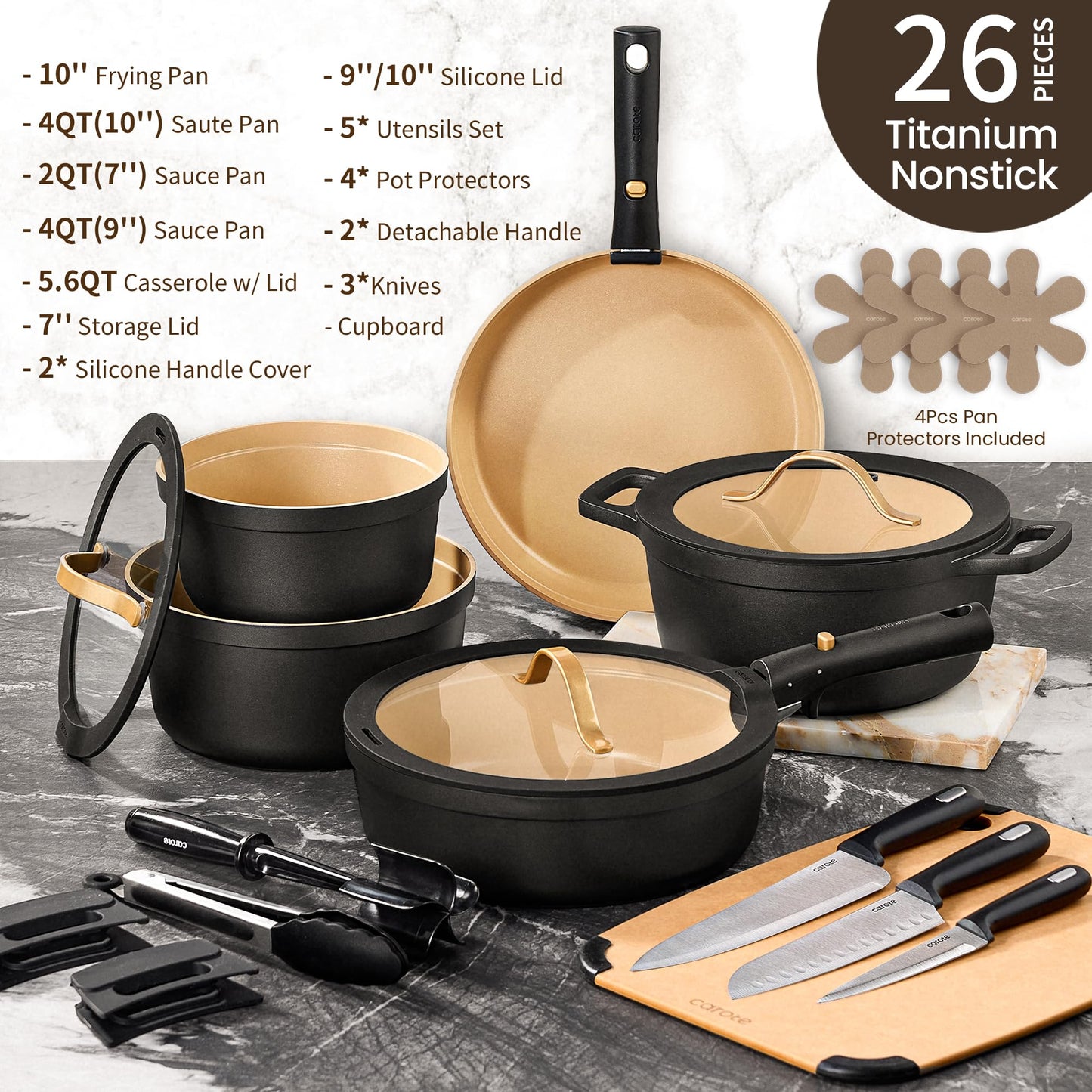 CAROTE 26pcs Pots and Pans Set Non Stick with Knives and Cutting Board,Detachable Handle Titanium Nonstick Cookware Set, Pot and Pan, Dishwasher/Oven Safe, RV/Camping, Induction Kitchen, Black/Yellow